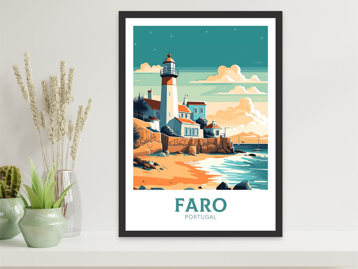 Faro Travel Print | Faro Poster | Faro Wall Art | Portugal Travel Print | Faro Illustration | Lighthouse Poster | Portugal Artwork | ID 172