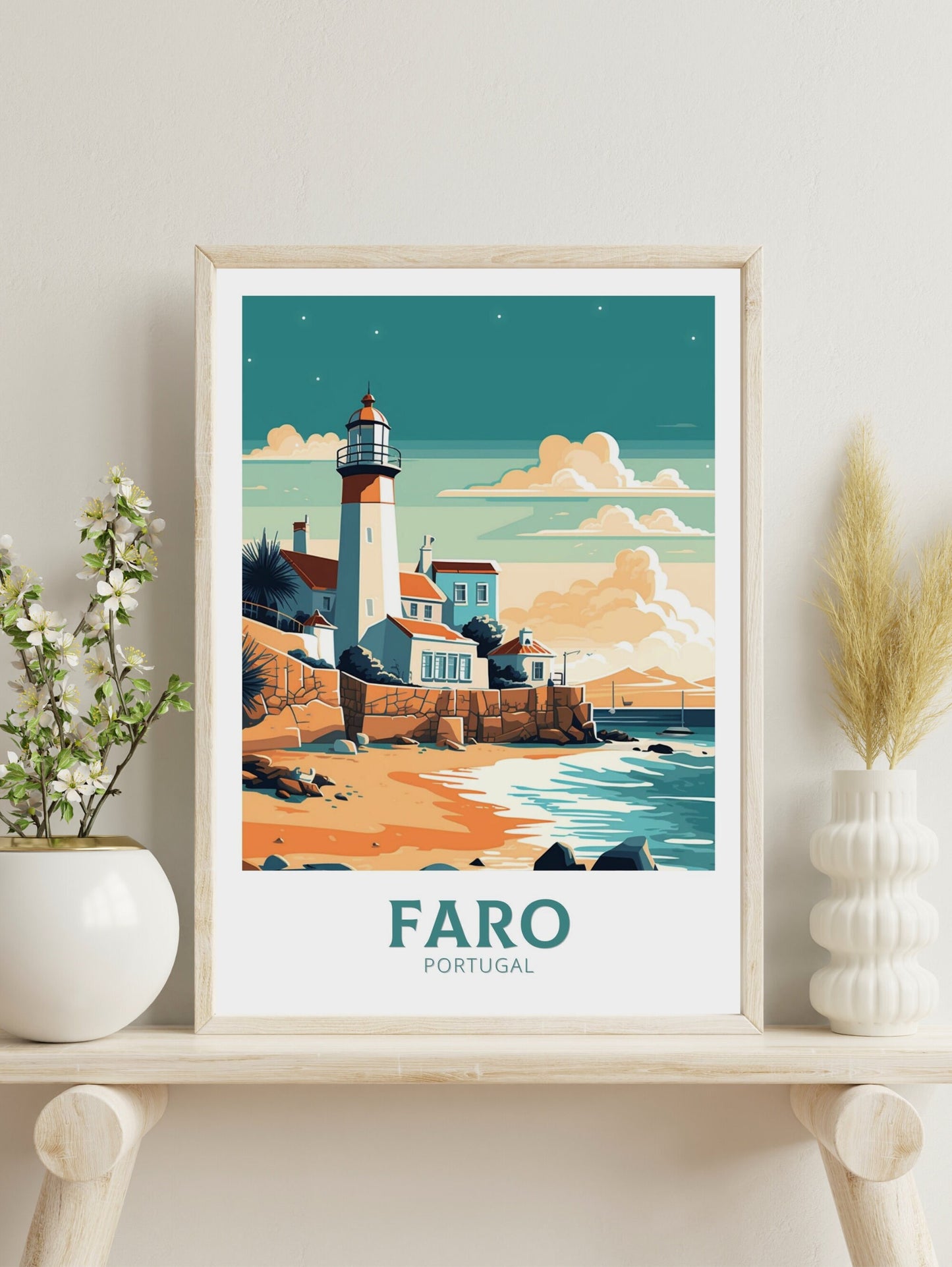 Faro Travel Print | Faro Poster | Faro Wall Art | Portugal Travel Print | Faro Illustration | Lighthouse Poster | Portugal Artwork | ID 172