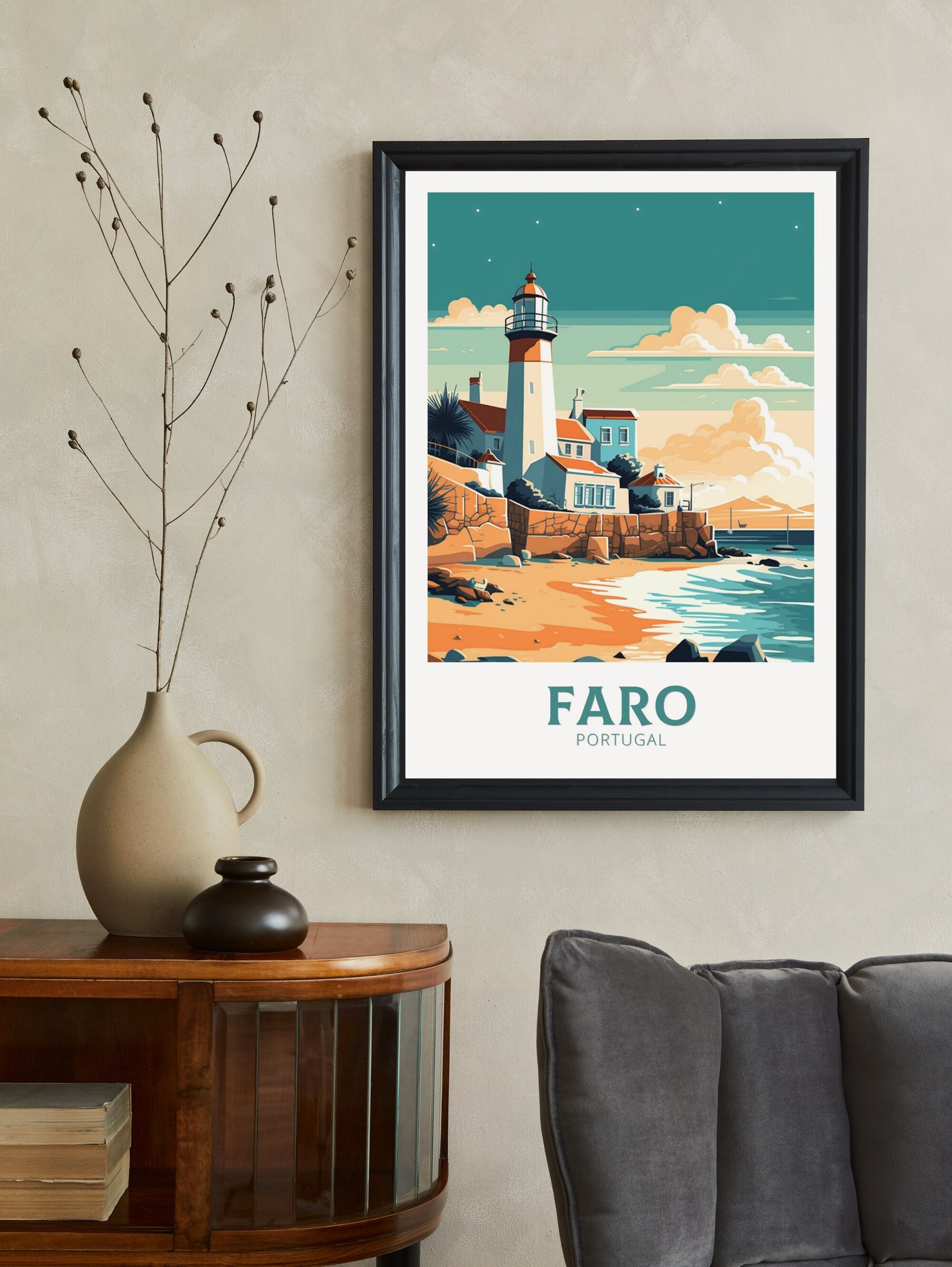 Faro Travel Print | Faro Poster | Faro Wall Art | Portugal Travel Print | Faro Illustration | Lighthouse Poster | Portugal Artwork | ID 172