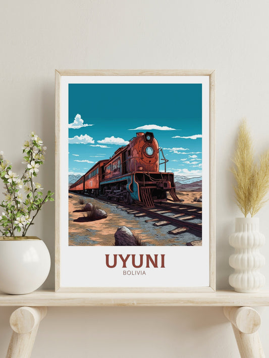 Uyuni Travel Poster | Uyuni Travel Print | Uyuni Design | Uyuni Wall Art | Bolivia Painting | Uyuni Train Cemetery Print | ID 256