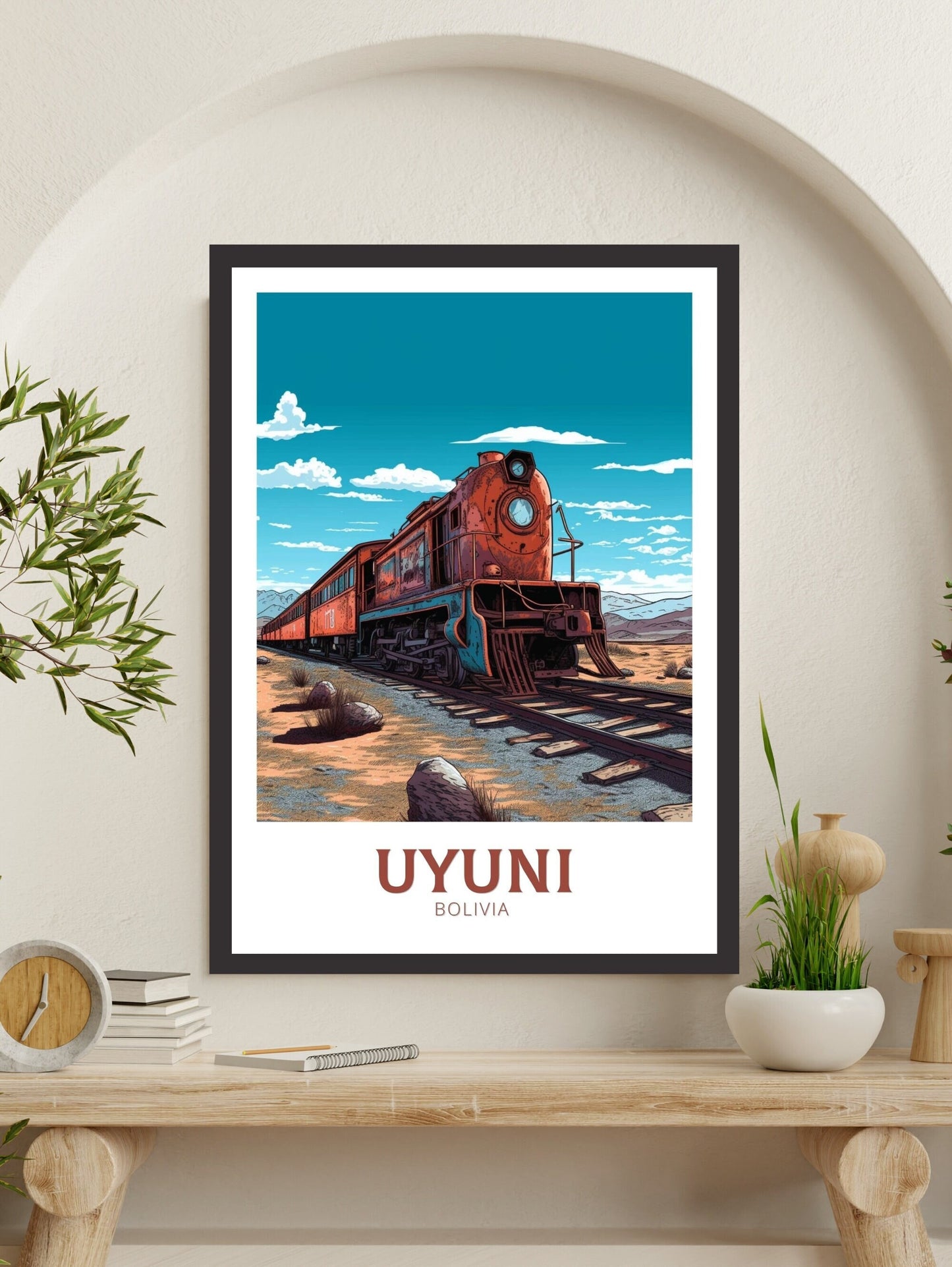 Uyuni Travel Poster | Uyuni Travel Print | Uyuni Design | Uyuni Wall Art | Bolivia Painting | Uyuni Train Cemetery Print | ID 256