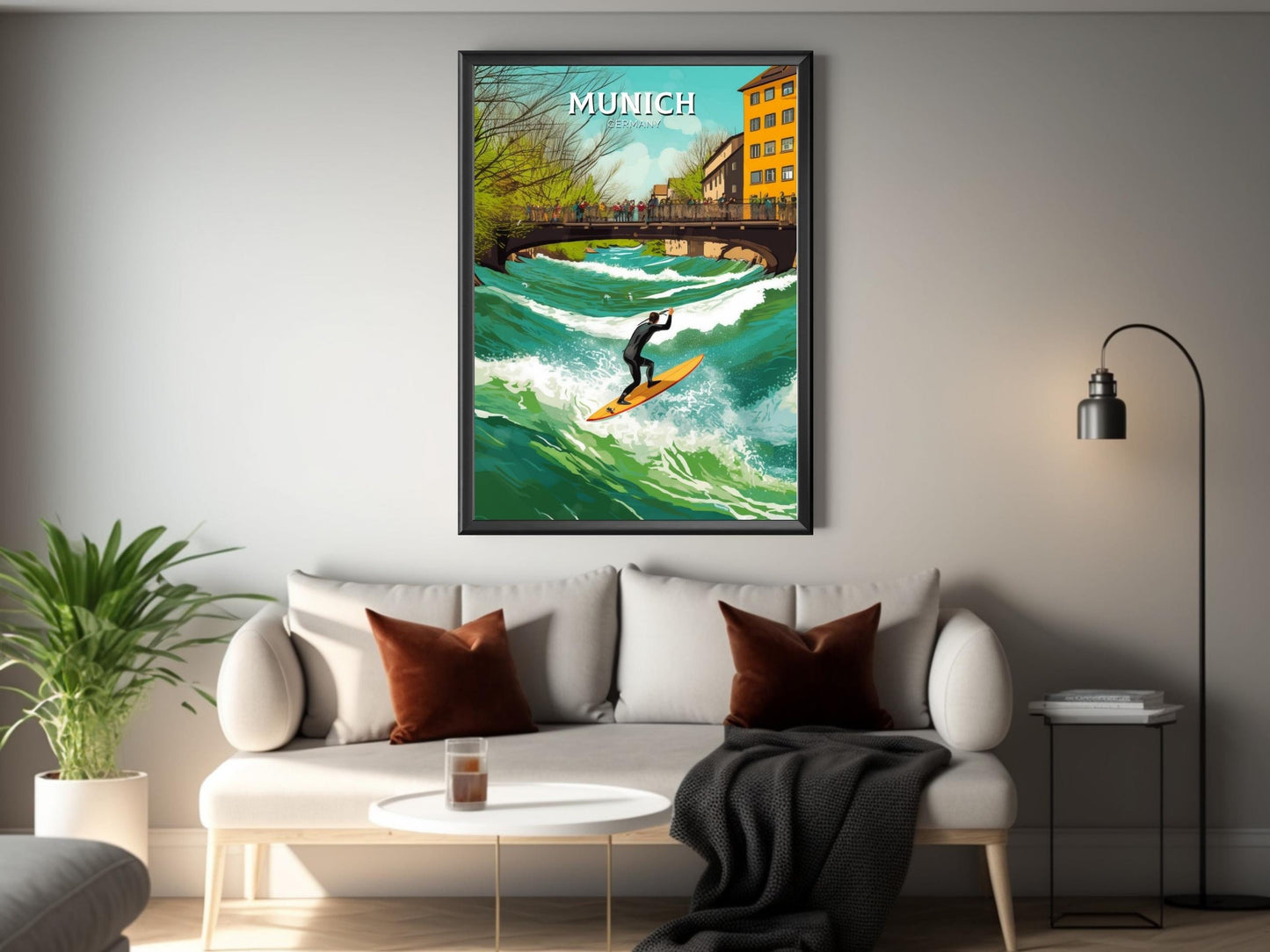 Munich Travel Print | Munich Travel Poster | Munich Illustration | Munich Wall Art | Germany Print | River Surfing at River Eisbach ID 285