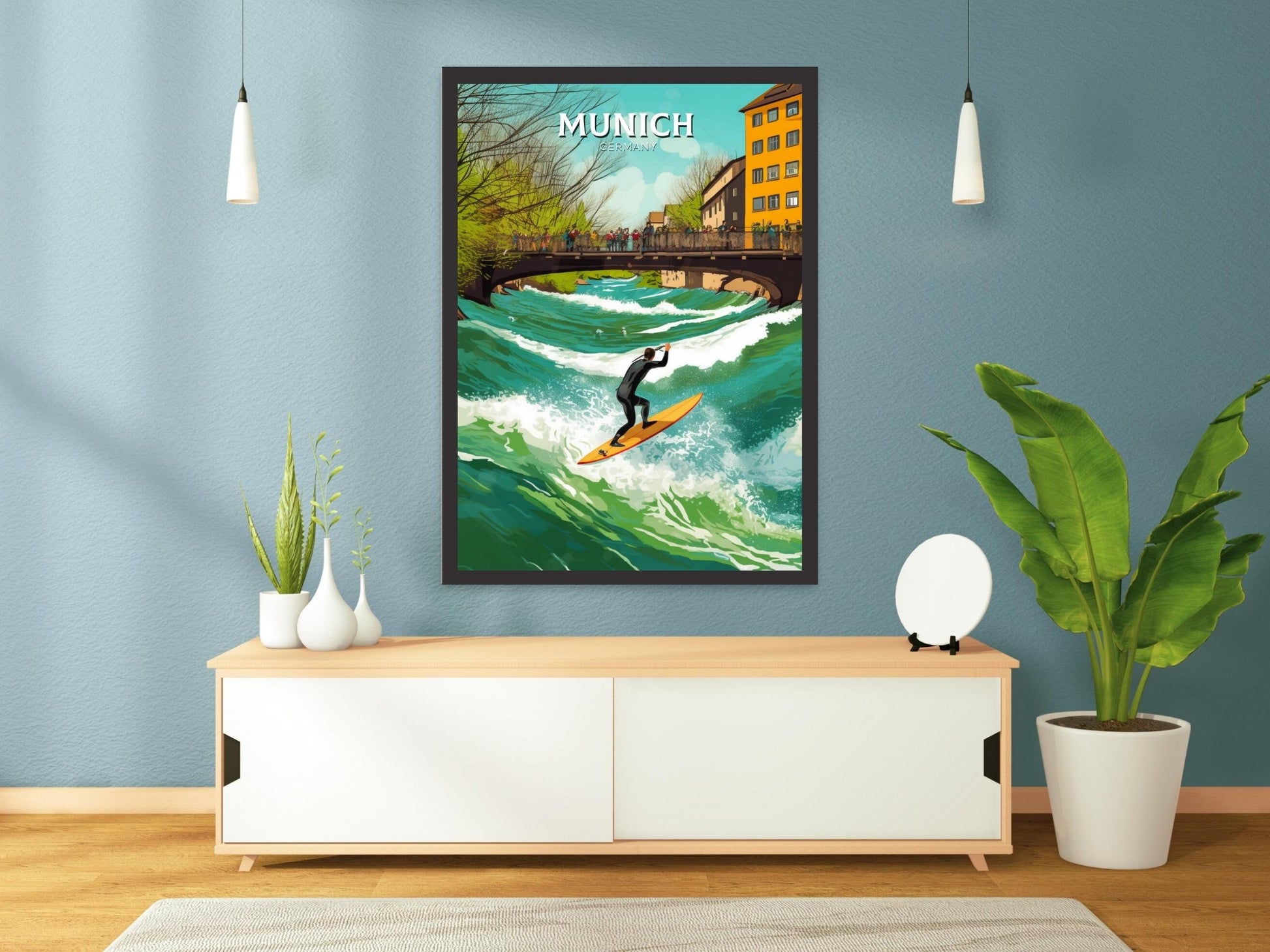 Munich Travel Print | Munich Travel Poster | Munich Illustration | Munich Wall Art | Germany Print | River Surfing at River Eisbach ID 285