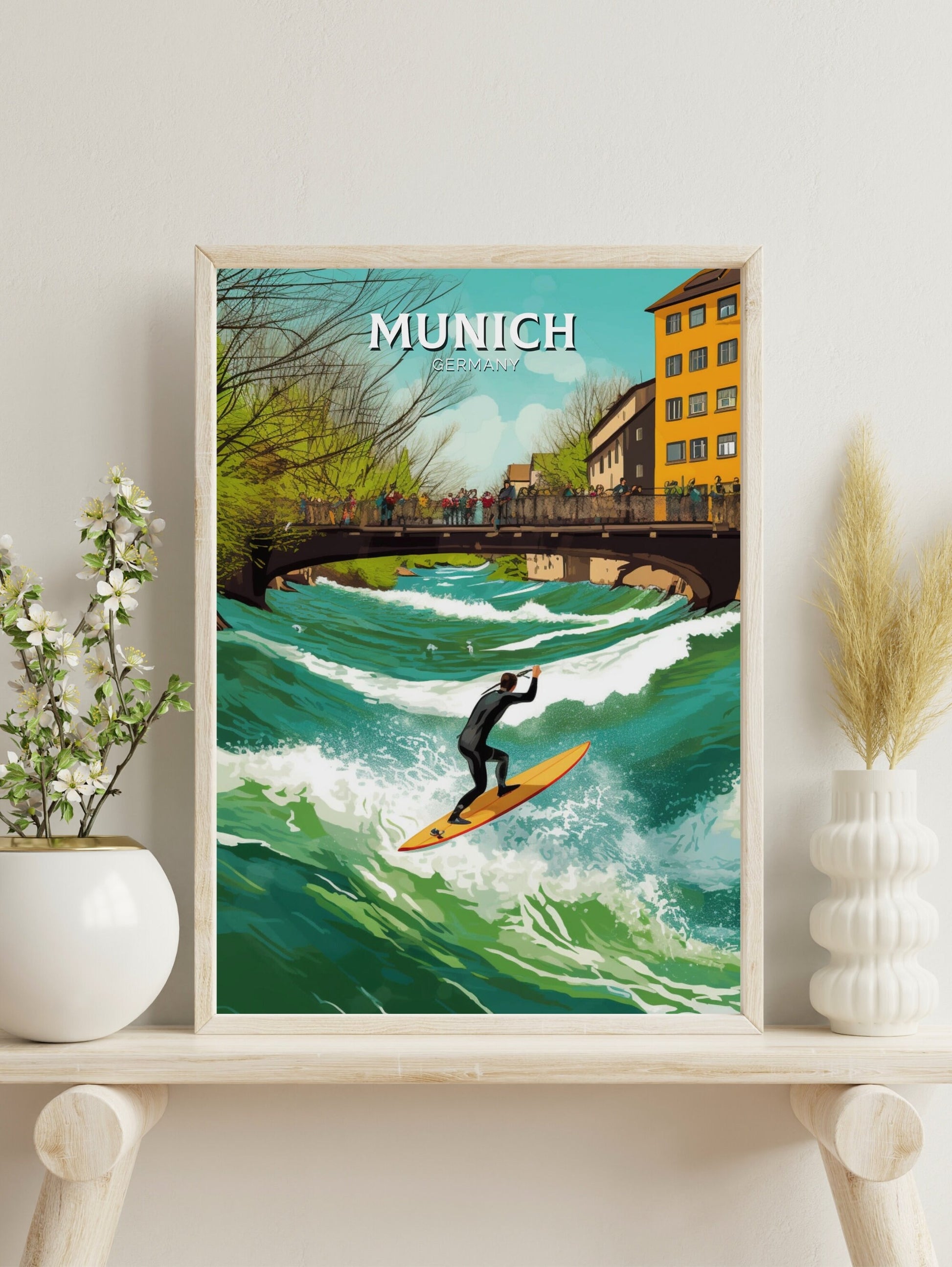 Munich Travel Print | Munich Travel Poster | Munich Illustration | Munich Wall Art | Germany Print | River Surfing at River Eisbach ID 285