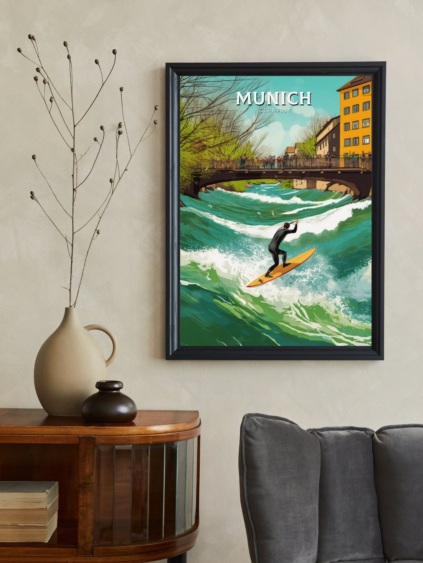 Munich Travel Print | Munich Travel Poster | Munich Illustration | Munich Wall Art | Germany Print | River Surfing at River Eisbach ID 285