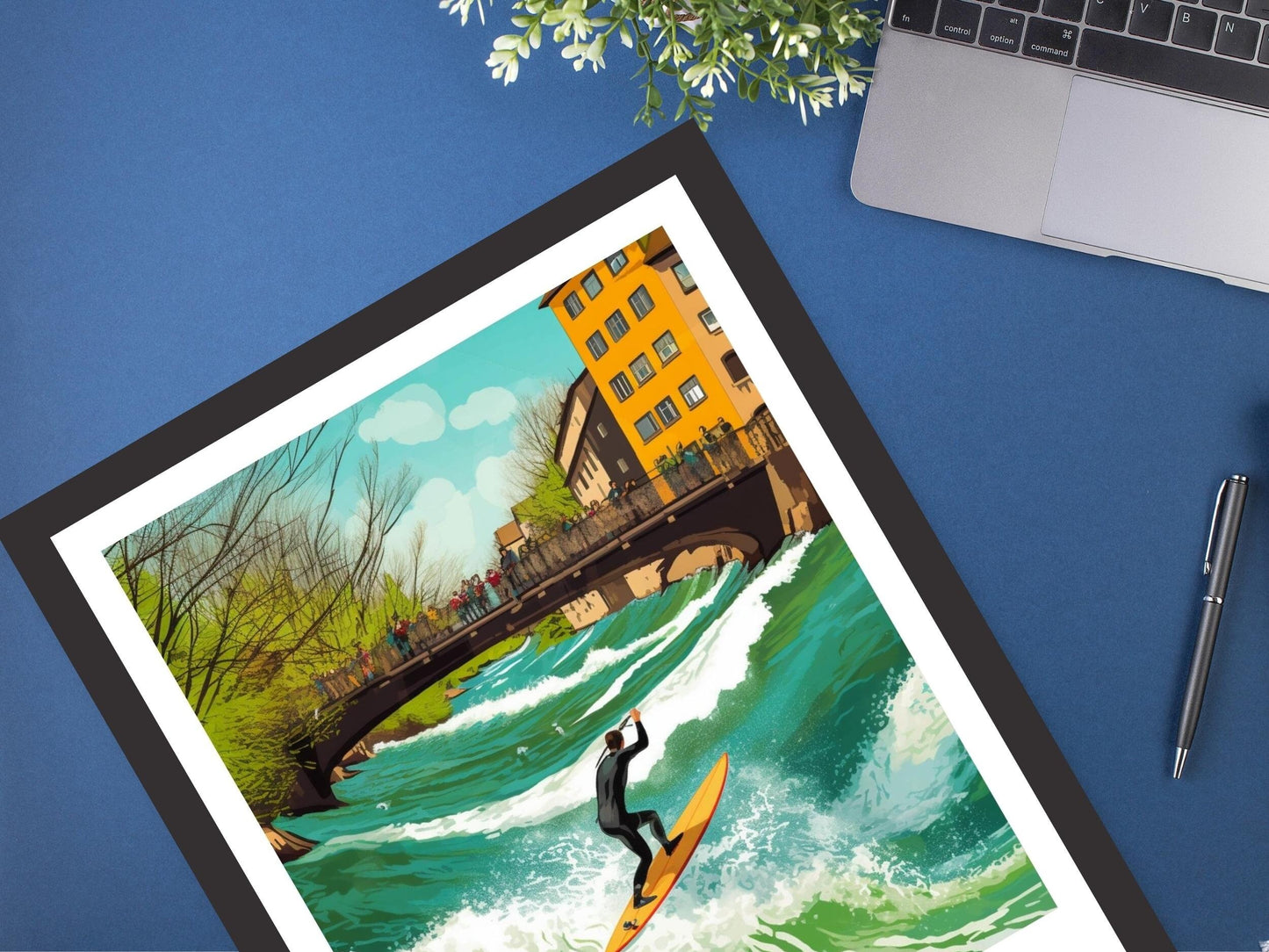 Munich Travel Poster | Munich Travel Print | Munich Illustration | Munich Wall Art | Germany Print | River Surfing at River Eisbach ID 286