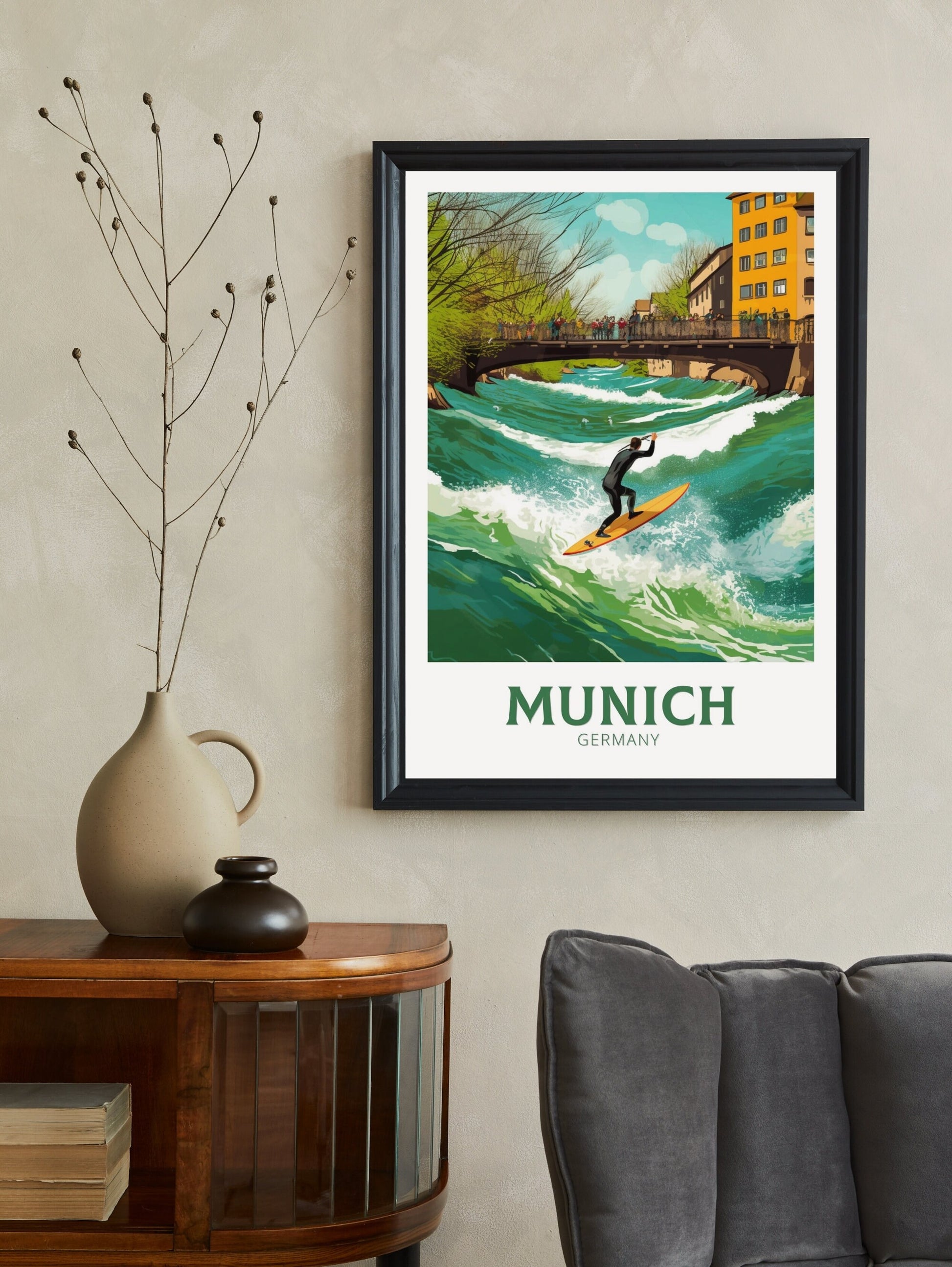 Munich Travel Poster | Munich Travel Print | Munich Illustration | Munich Wall Art | Germany Print | River Surfing at River Eisbach ID 286