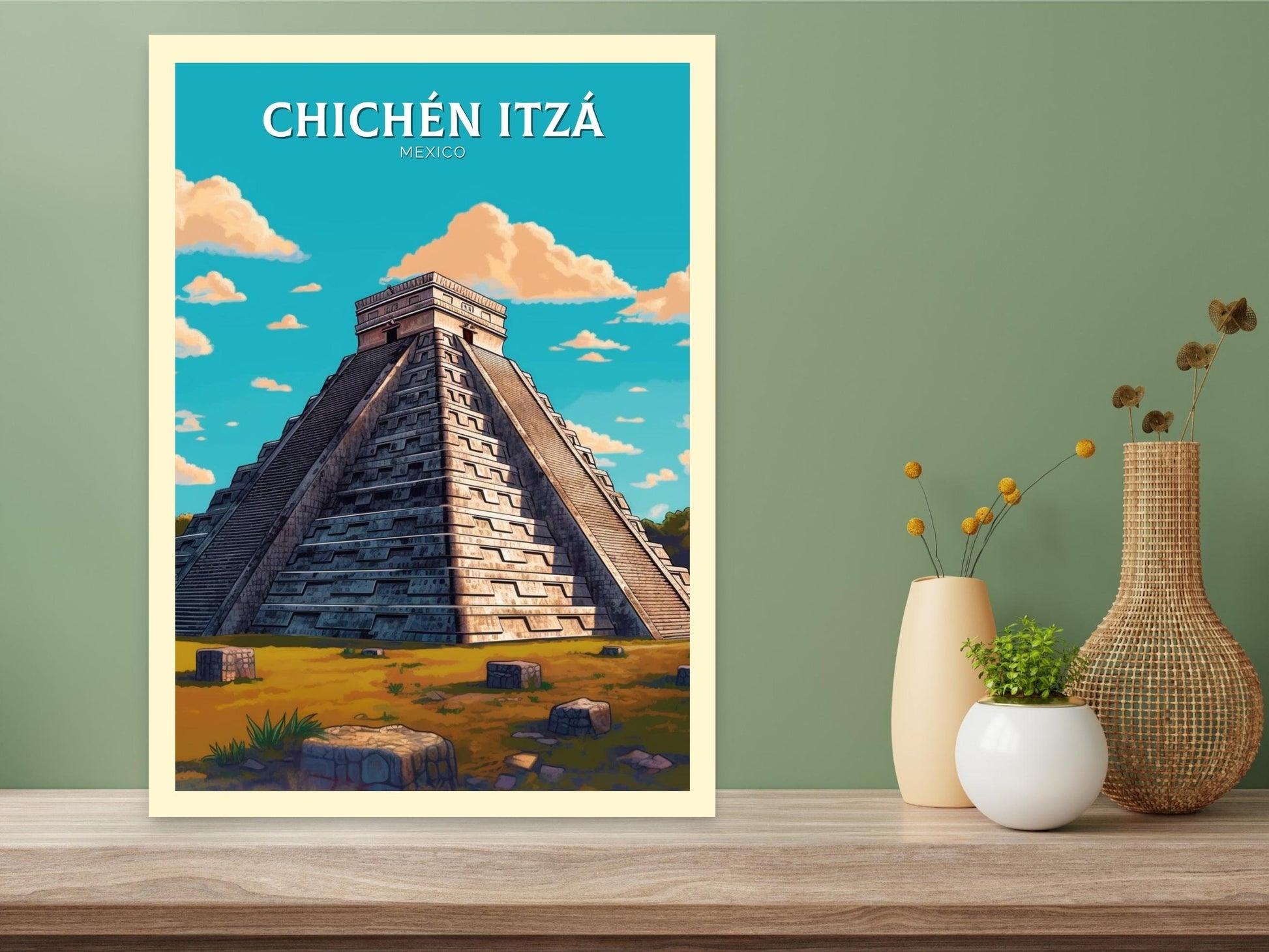 Chichen Itza Travel Print | Chichen Itza Poster | El Castillo Design | Chichen Itza Pyramid Wall Art | Chichen Itza Painting | ID 301