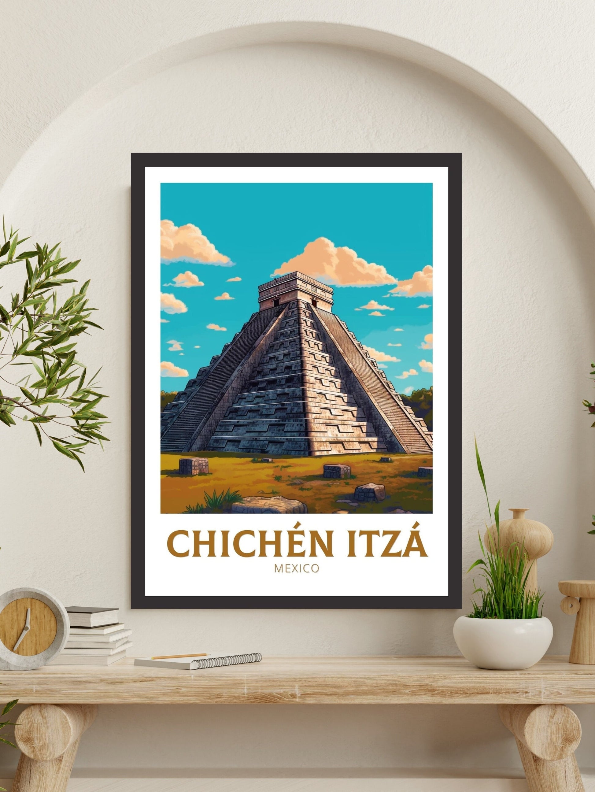 Chichen Itza Poster | El Castillo Design | Chichen Itza Travel Print | Chichen Itza Pyramid Wall Art | Chichen Itza Painting | ID 302