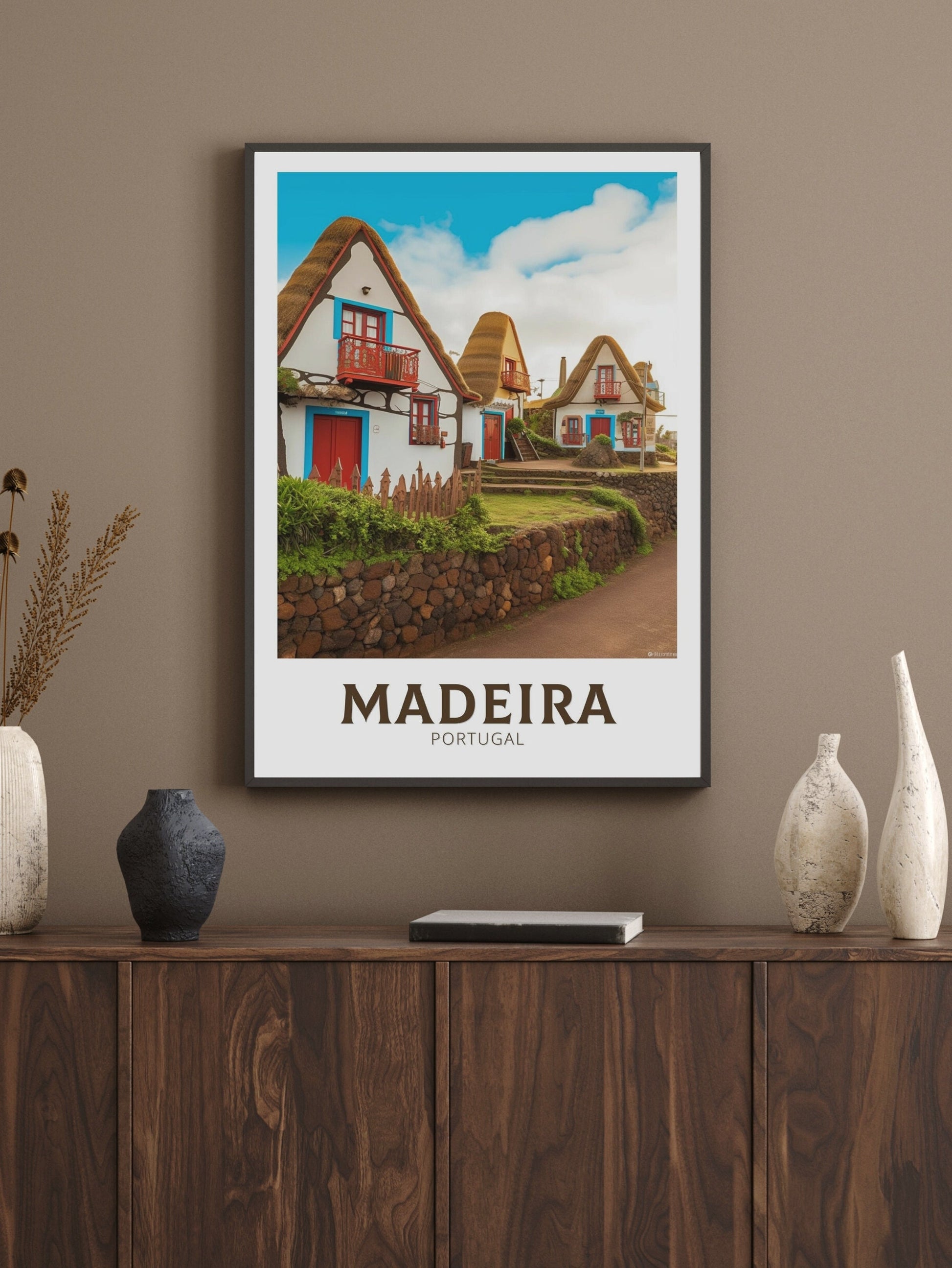 Madeira Travel Poster | Madeira Travel Print | Santana's Charming Houses | Madeira Wall Art | Portugal Home Décor | Madeira Artwork | ID 320