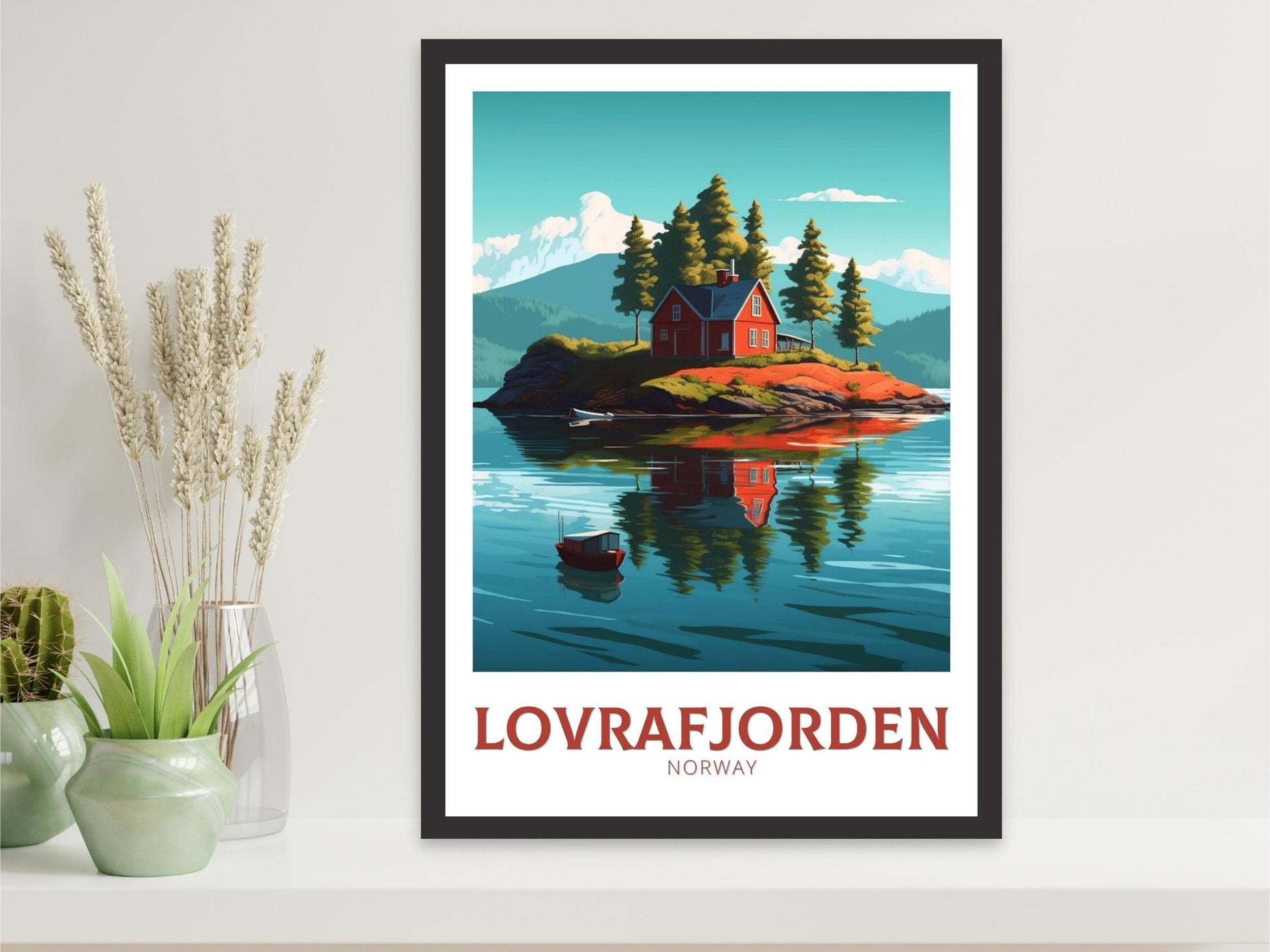 Lovrafjorden Norway Travel Print | Norway Poster | Norway Design | Red House on a lake Wall Art | Norway Illustration | Lake Print | ID 162