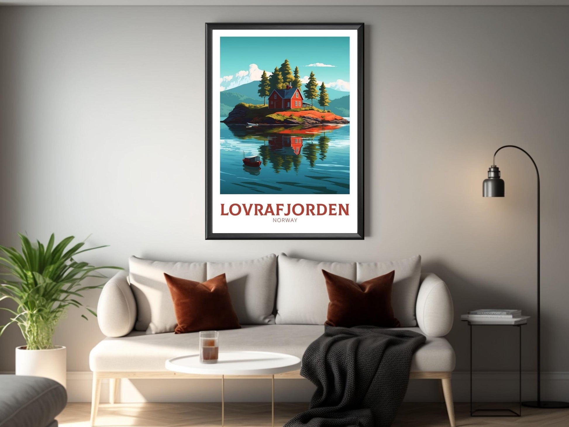 Lovrafjorden Norway Travel Print | Norway Poster | Norway Design | Red House on a lake Wall Art | Norway Illustration | Lake Print | ID 162