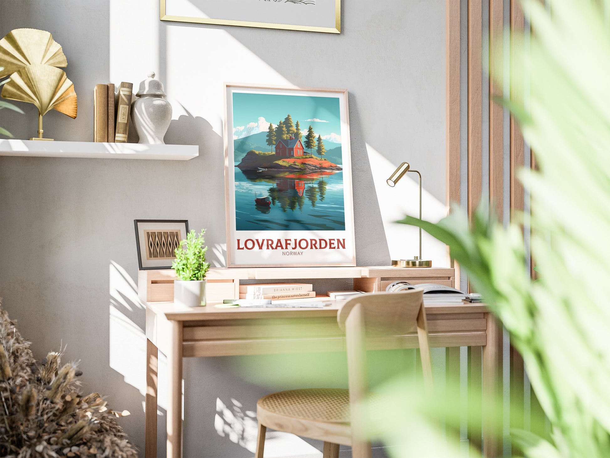 Lovrafjorden Norway Travel Print | Norway Poster | Norway Design | Red House on a lake Wall Art | Norway Illustration | Lake Print | ID 162