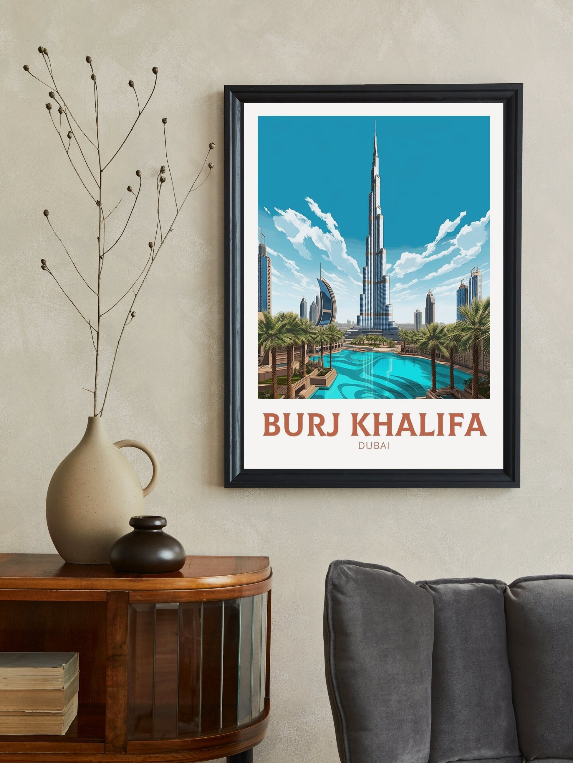 Burj Khalifa Travel Poster | Burj Khalifa Travel Print | Burj Khalifa Illustration | Dubai Wall Art | Dubai UAE | Dubai Home Decor | ID 343