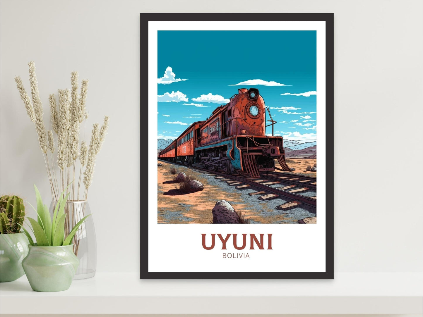 Uyuni Travel Poster | Uyuni Travel Print | Uyuni Design | Uyuni Wall Art | Bolivia Painting | Uyuni Train Cemetery Print | ID 256