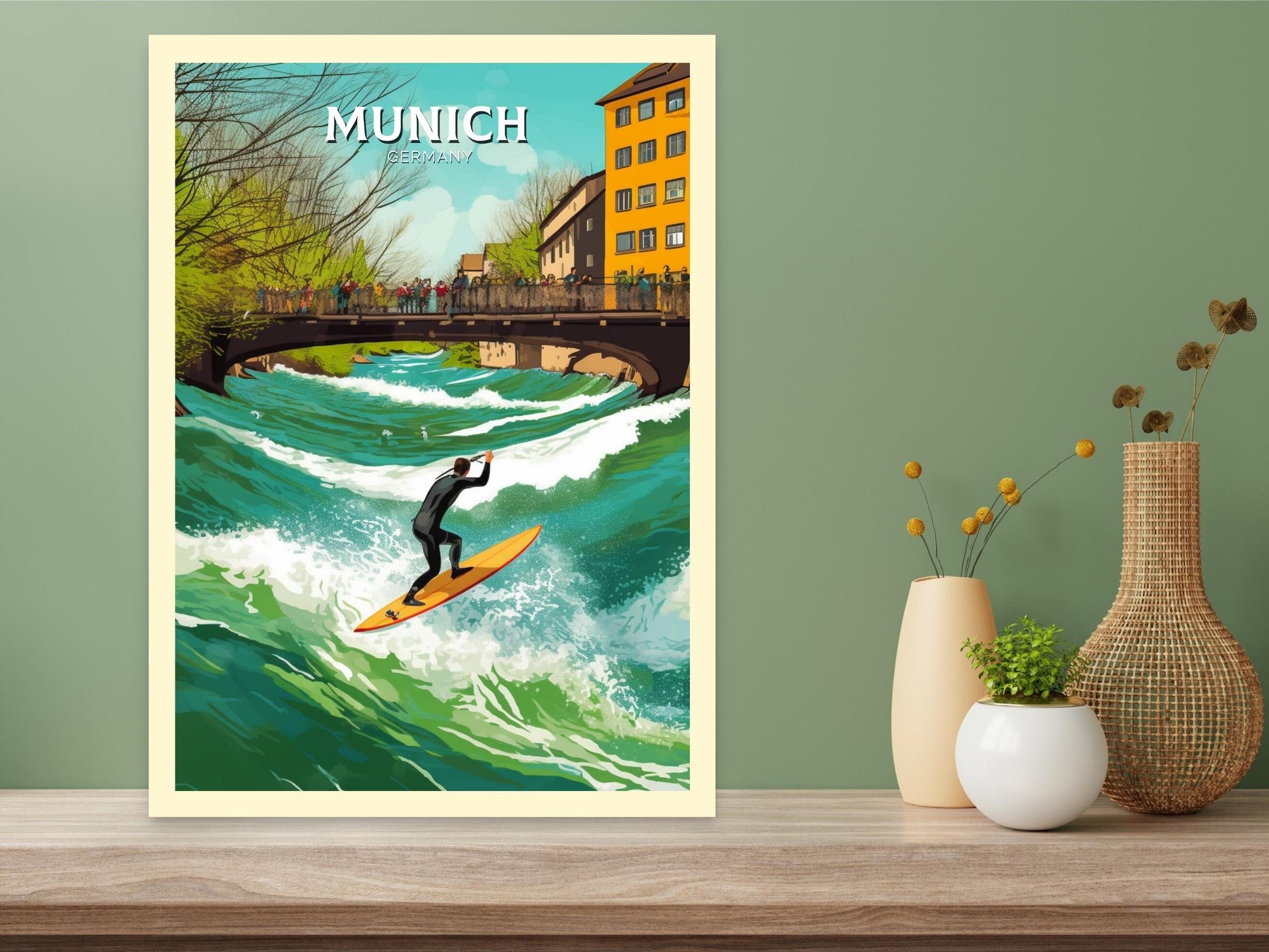 Munich Travel Print | Munich Travel Poster | Munich Illustration | Munich Wall Art | Germany Print | River Surfing at River Eisbach ID 285