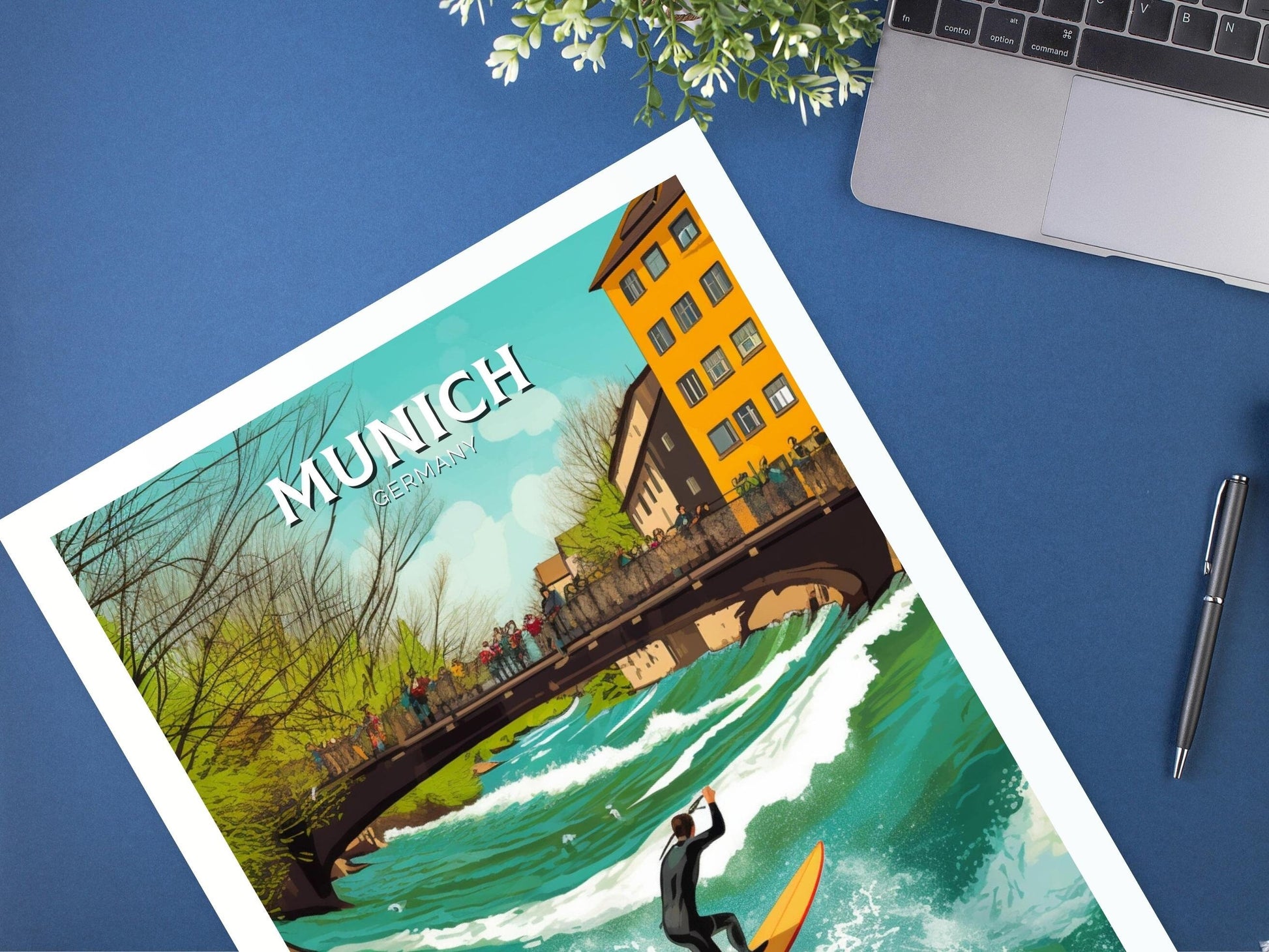 Munich Travel Print | Munich Travel Poster | Munich Illustration | Munich Wall Art | Germany Print | River Surfing at River Eisbach ID 285