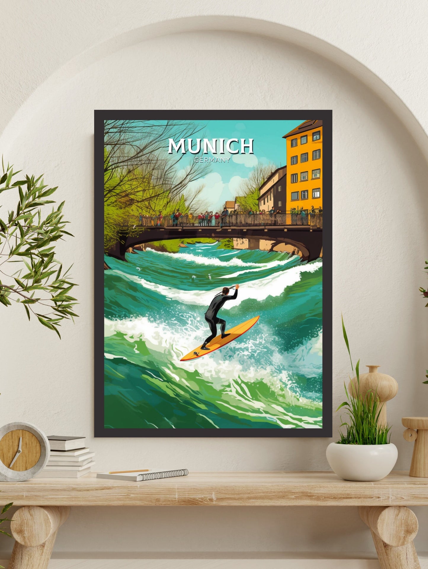 Munich Travel Print | Munich Travel Poster | Munich Illustration | Munich Wall Art | Germany Print | River Surfing at River Eisbach ID 285