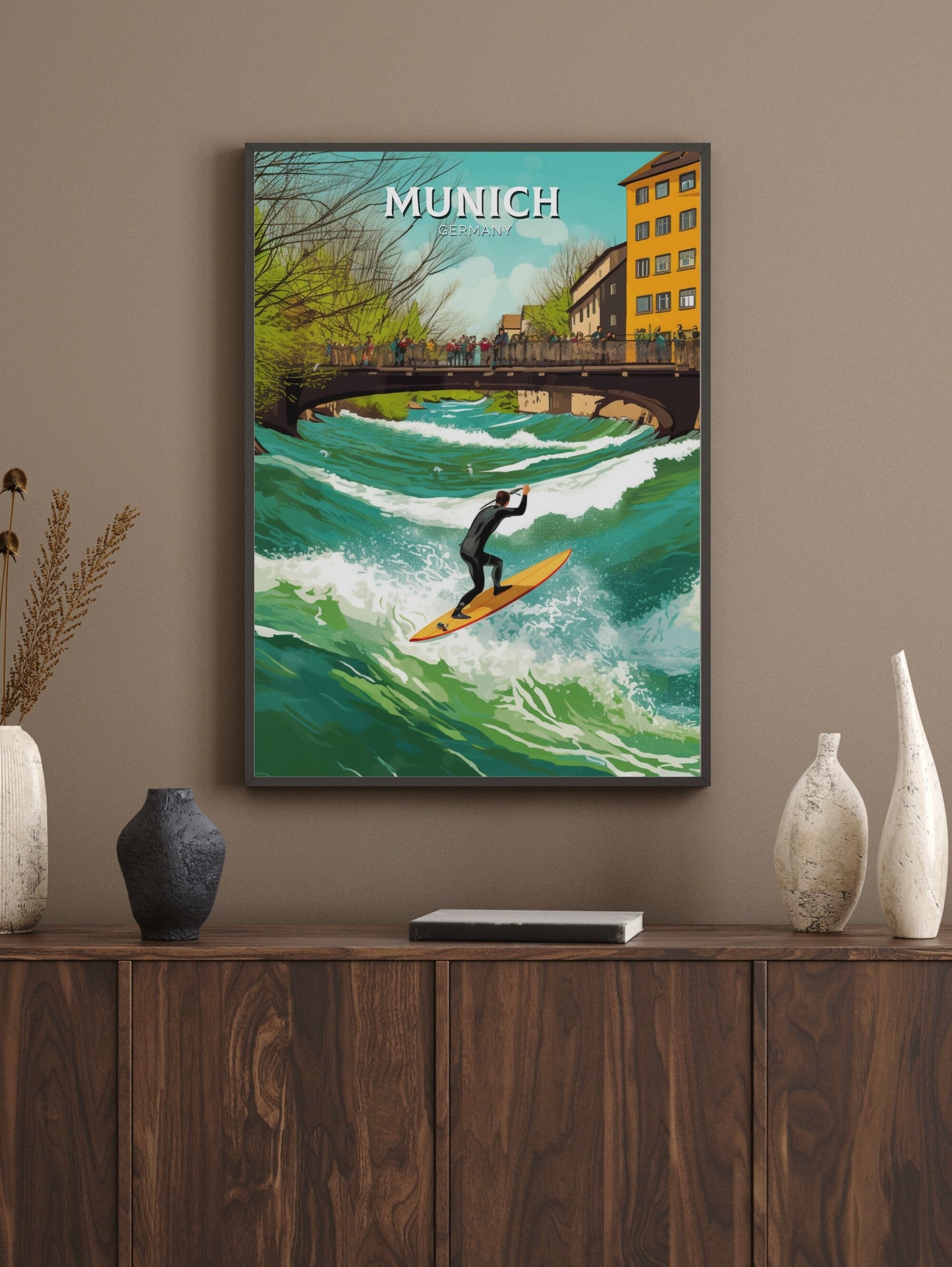 Munich Travel Print | Munich Travel Poster | Munich Illustration | Munich Wall Art | Germany Print | River Surfing at River Eisbach ID 285