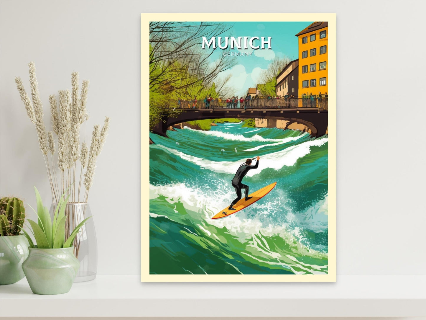 Munich Travel Print | Munich Travel Poster | Munich Illustration | Munich Wall Art | Germany Print | River Surfing at River Eisbach ID 285