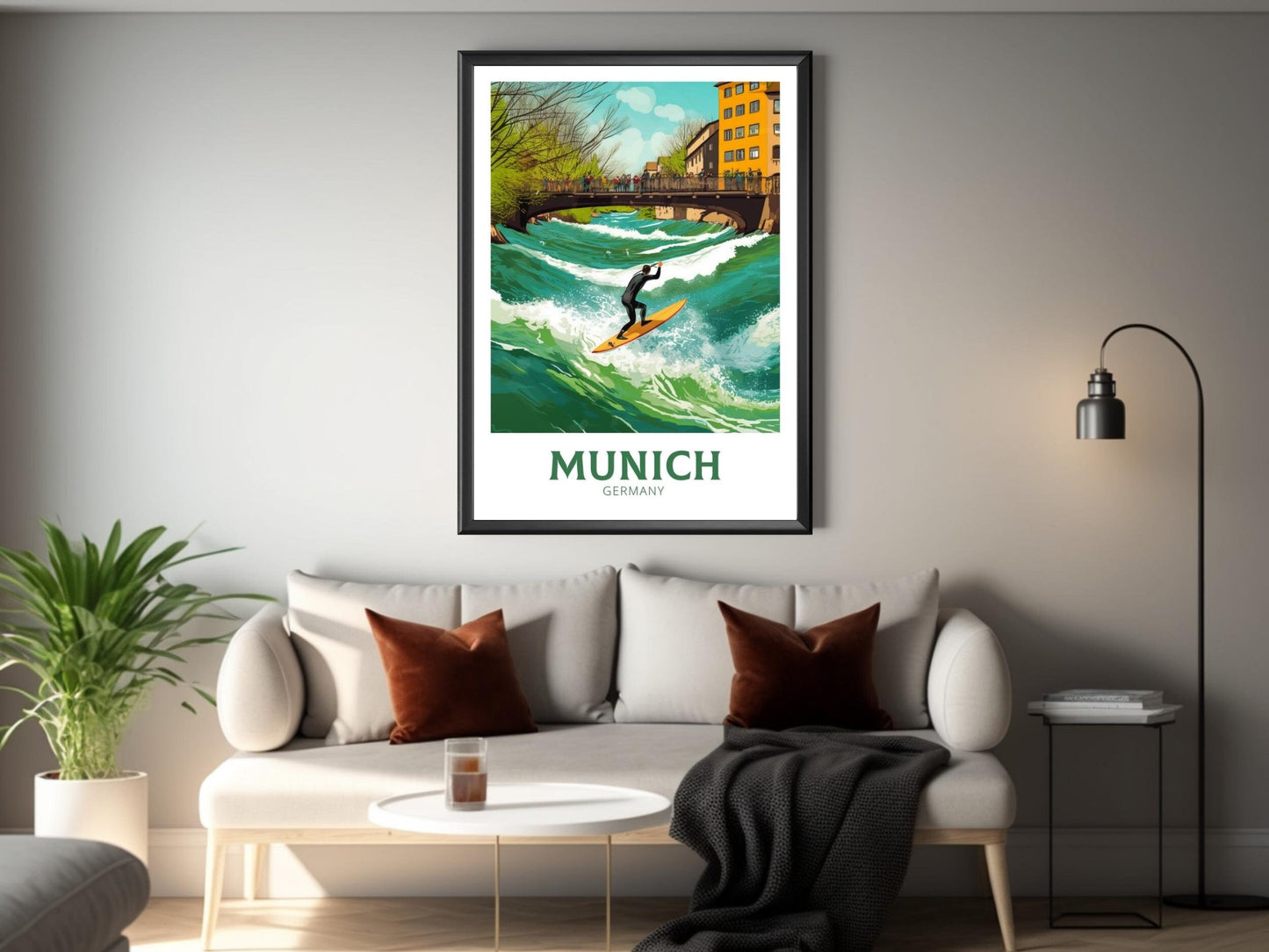 Munich Travel Poster | Munich Travel Print | Munich Illustration | Munich Wall Art | Germany Print | River Surfing at River Eisbach ID 286