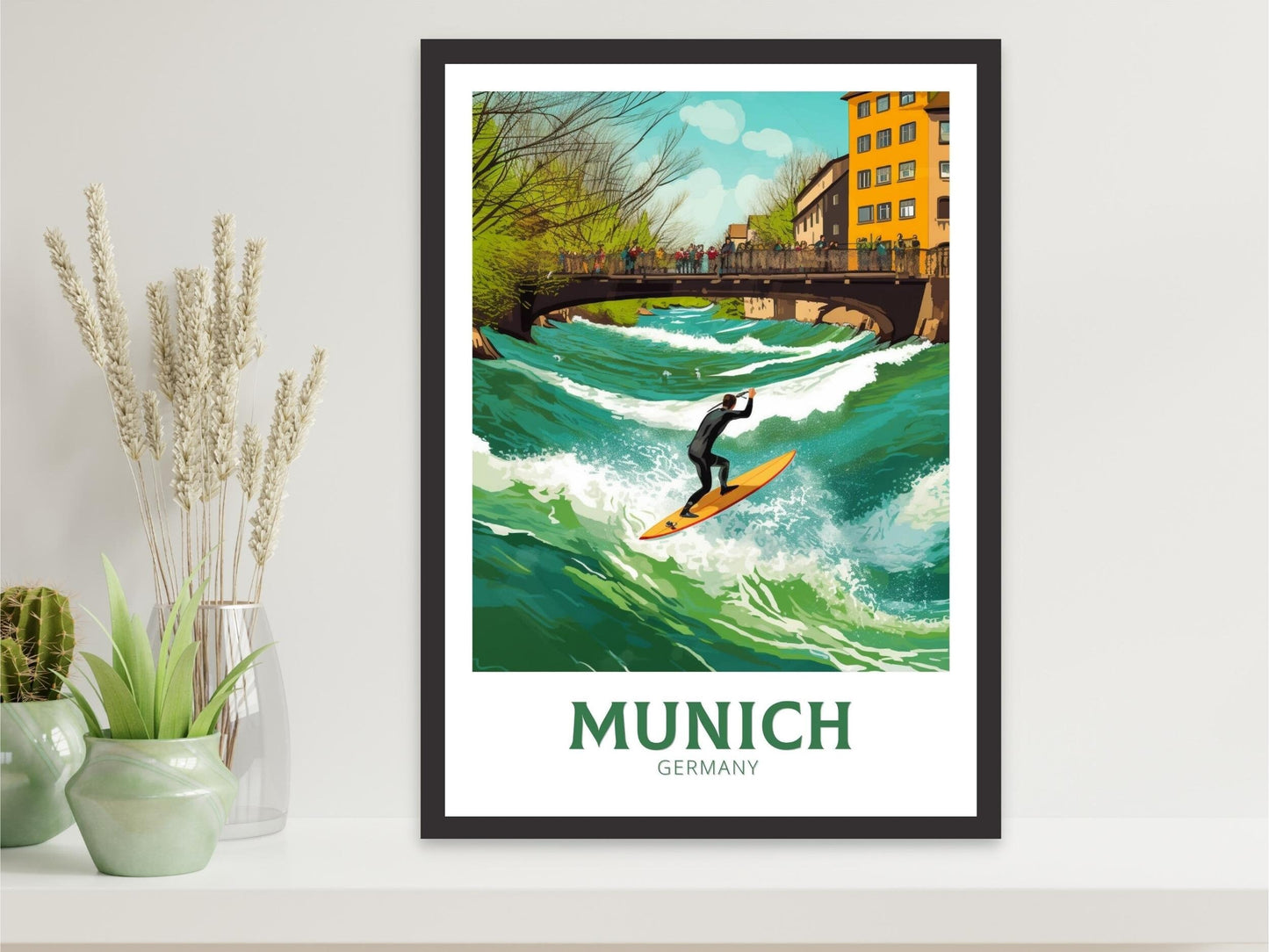 Munich Travel Poster | Munich Travel Print | Munich Illustration | Munich Wall Art | Germany Print | River Surfing at River Eisbach ID 286