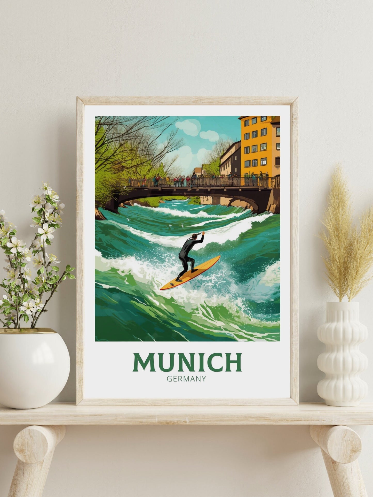 Munich Travel Poster | Munich Travel Print | Munich Illustration | Munich Wall Art | Germany Print | River Surfing at River Eisbach ID 286