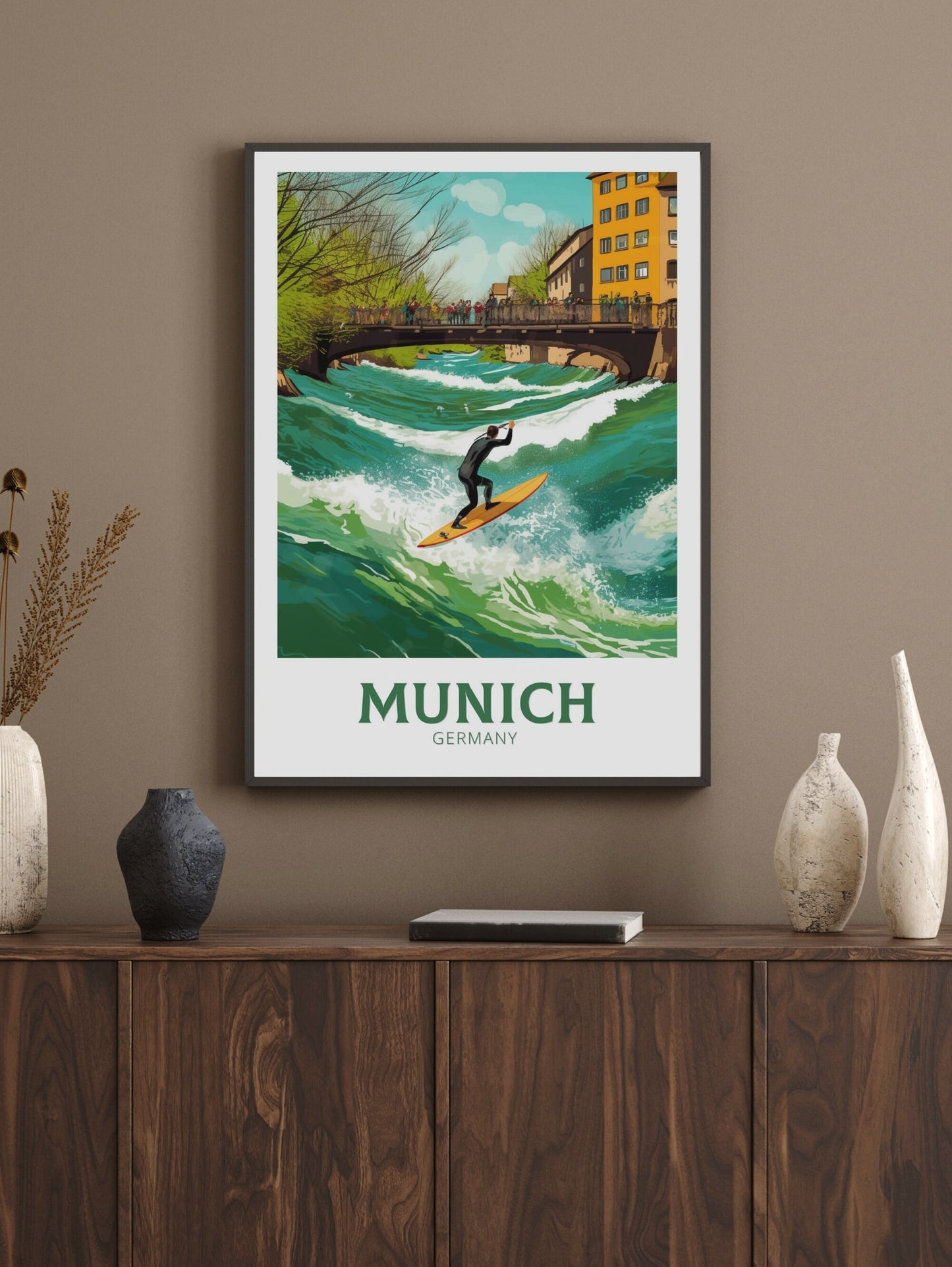 Munich Travel Poster | Munich Travel Print | Munich Illustration | Munich Wall Art | Germany Print | River Surfing at River Eisbach ID 286