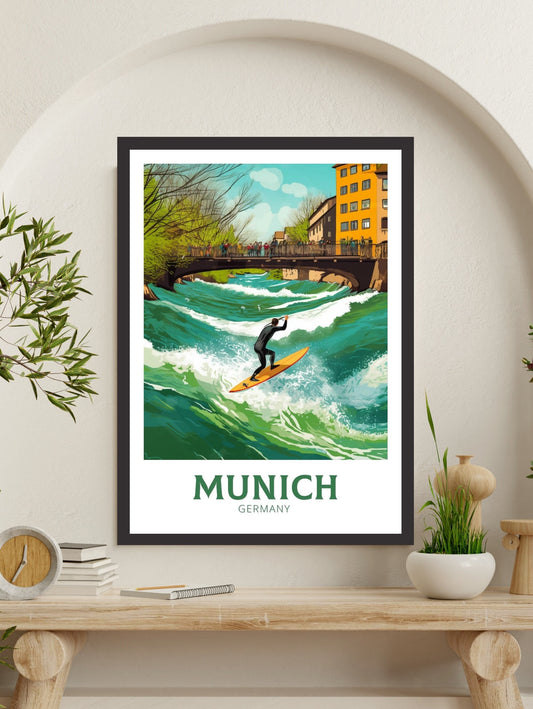 Munich Travel Poster | Munich Travel Print | Munich Illustration | Munich Wall Art | Germany Print | River Surfing at River Eisbach ID 286