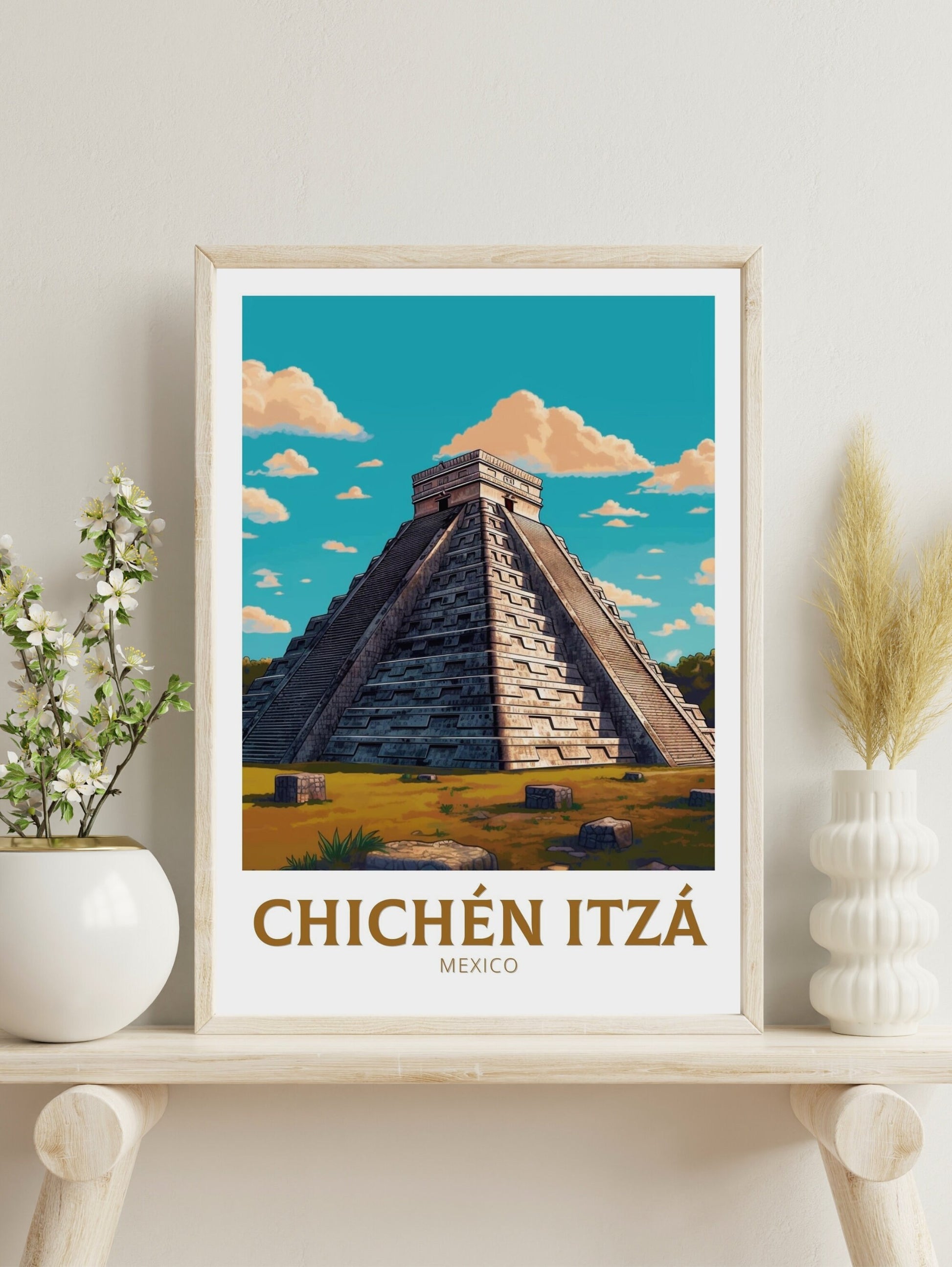 Chichen Itza Poster | El Castillo Design | Chichen Itza Travel Print | Chichen Itza Pyramid Wall Art | Chichen Itza Painting | ID 302