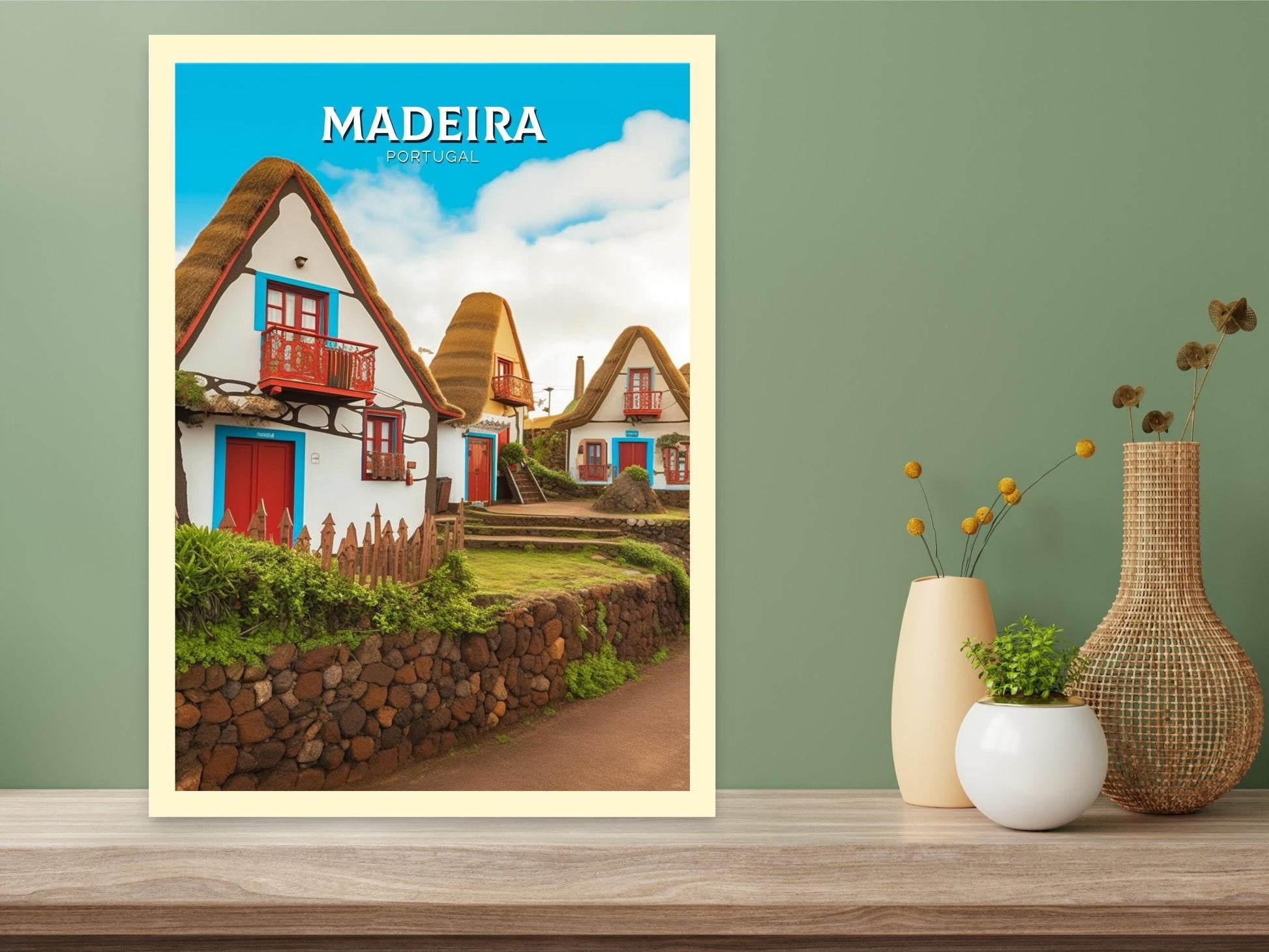 Madeira Travel Print | Santana's Charming Houses | Madeira Wall Art | Portugal Home Décor | Madeira Travel Poster | Madeira Artwork | ID 319