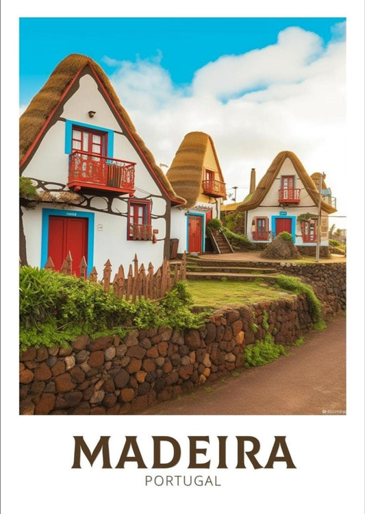 Madeira Travel Poster | Madeira Travel Print | Santana's Charming Houses | Madeira Wall Art | Portugal Home Décor | Madeira Artwork | ID 320