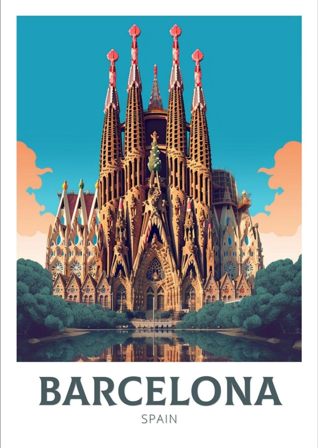 Europe BARCELONA TRAVEL POSTER - SAGRADA FAMILIA ARTWORK