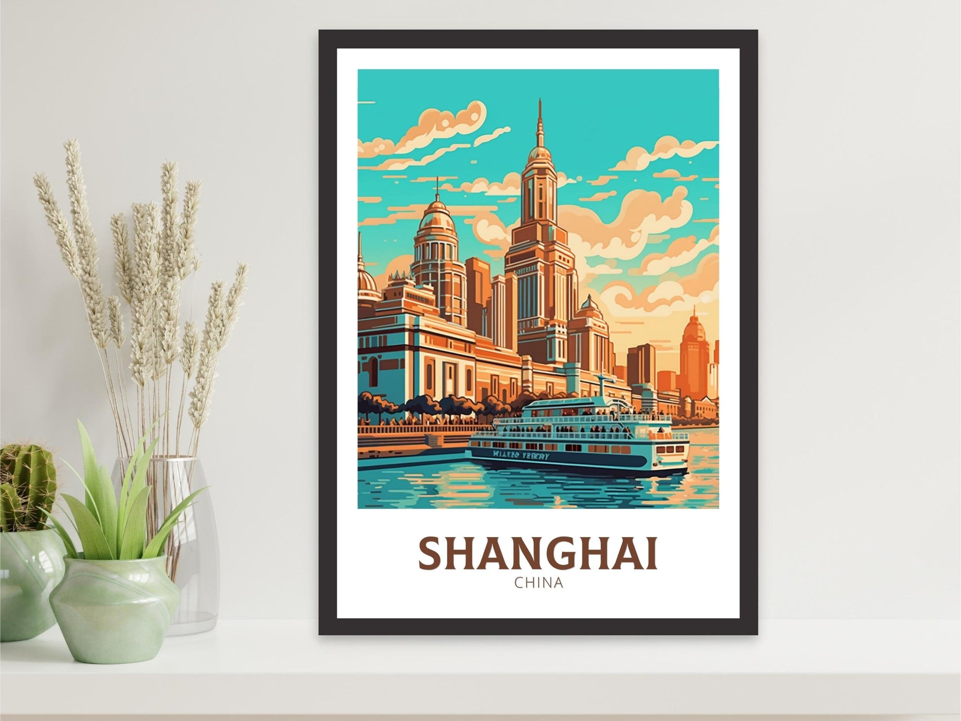 Shanghai Travel Print | Shanghai Poster | Shanghai Illustration | The Bund Print | Shanghai Floating Market Poster | Shanghai Art | ID 478