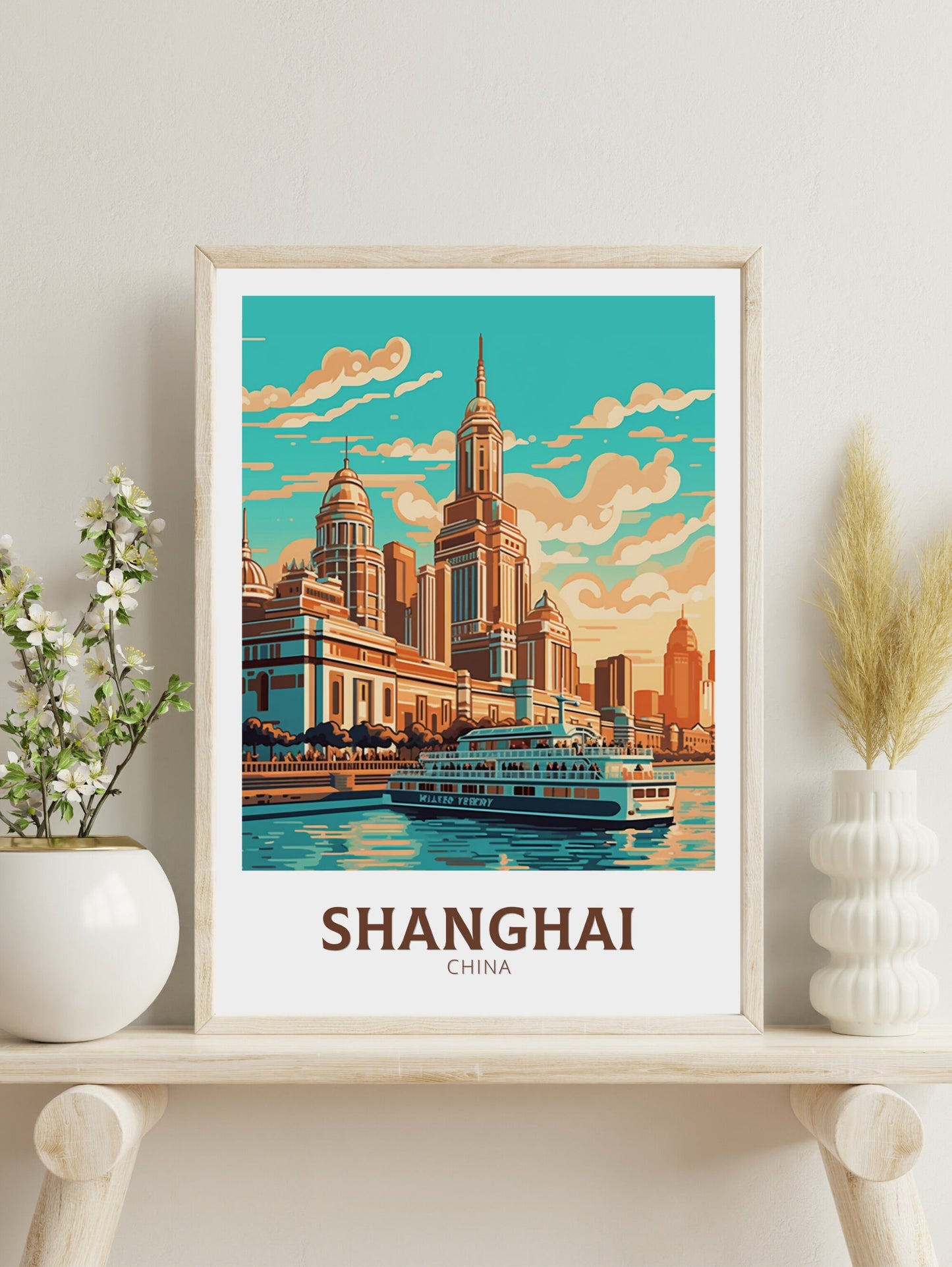 Shanghai Travel Print | Shanghai Poster | Shanghai Illustration | The Bund Print | Shanghai Floating Market Poster | Shanghai Art | ID 478