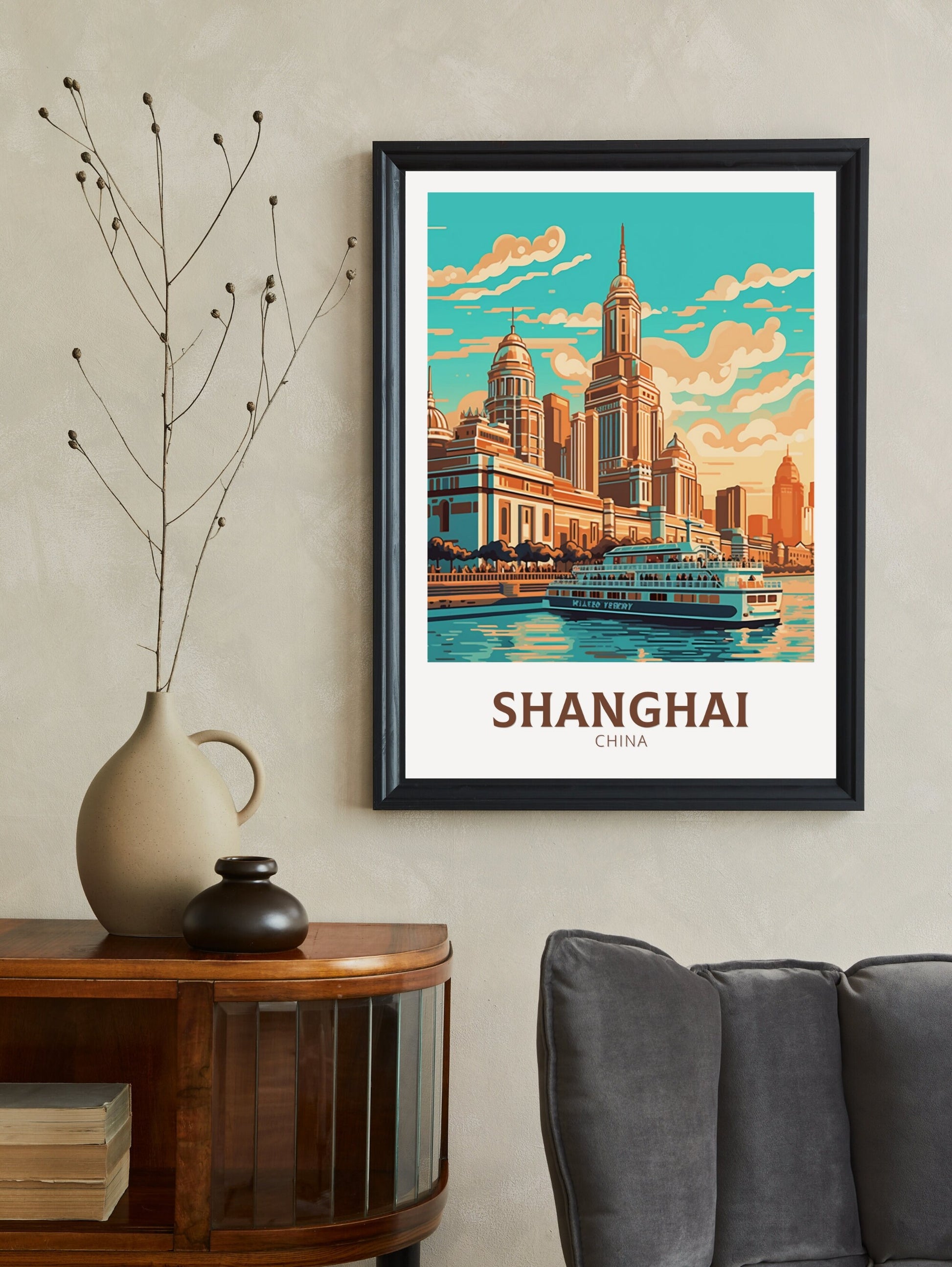 Shanghai Travel Print | Shanghai Poster | Shanghai Illustration | The Bund Print | Shanghai Floating Market Poster | Shanghai Art | ID 478