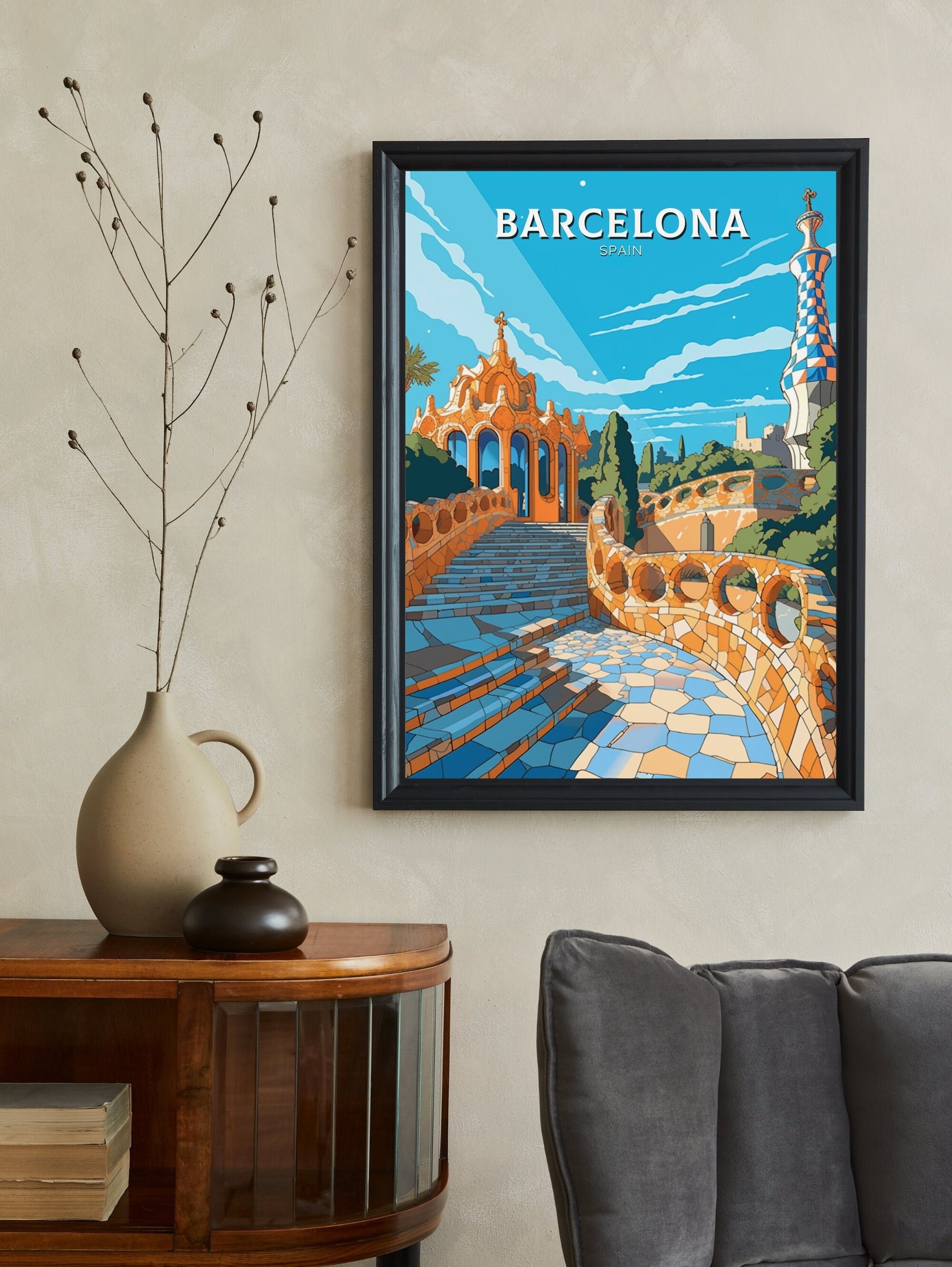 Barcelona Poster | Barcelona Travel Print | Gaudi's Park Poster | Barcelona Wall Art | Spain Print | Barcelona Print| Gaudi's Park | ID 519