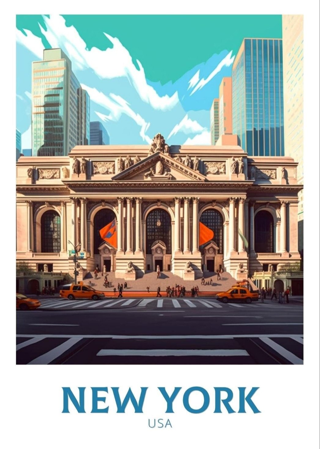 North AmericaNEW YORK TRAVEL POSTER - PUBLIC LIBRARY BUILDING ARTWORK