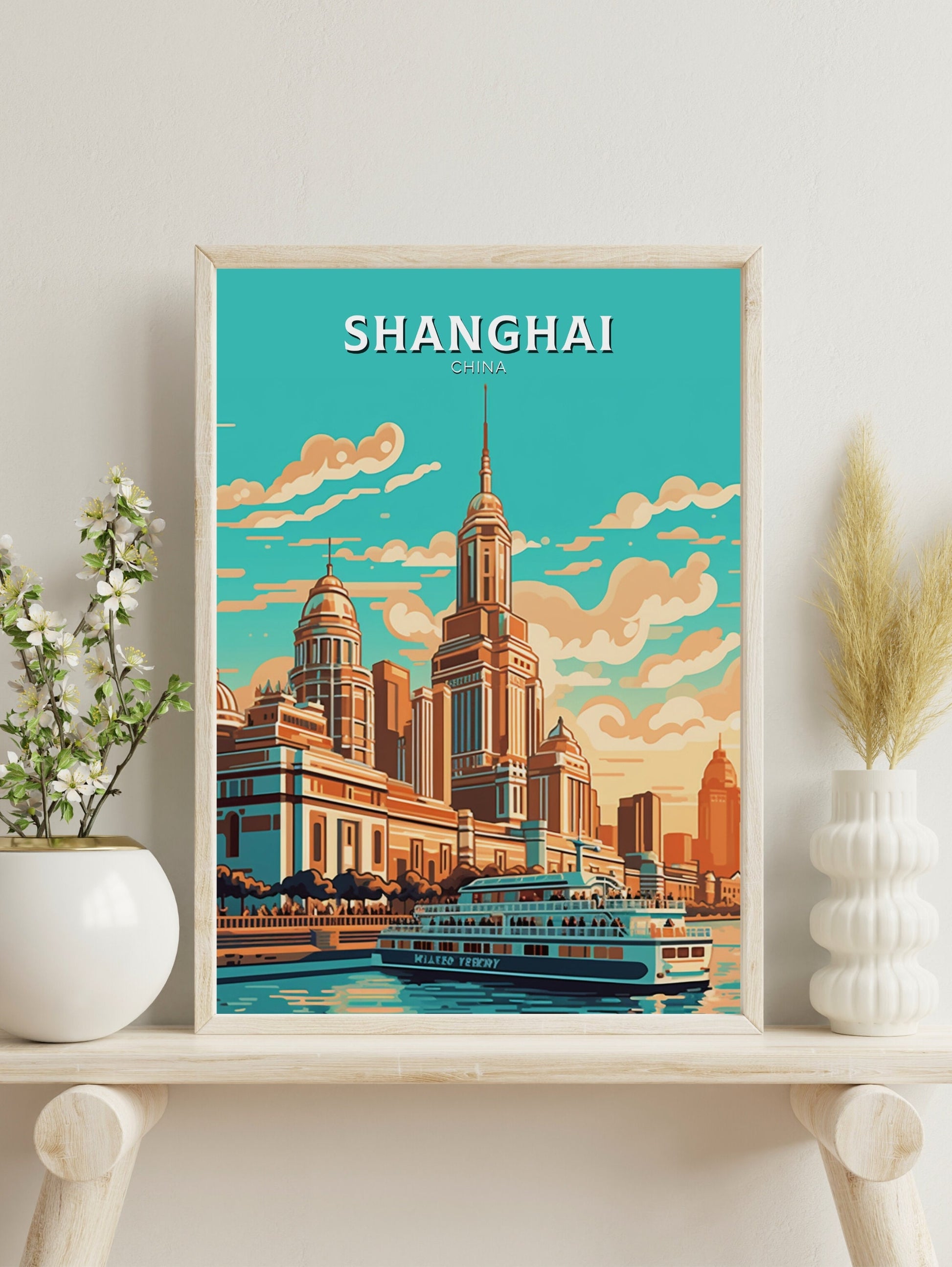 Shanghai Poster | Shanghai Travel Print | Shanghai Illustration | The Bund Print | Shanghai Floating Market Poster | Shanghai Art | ID 477