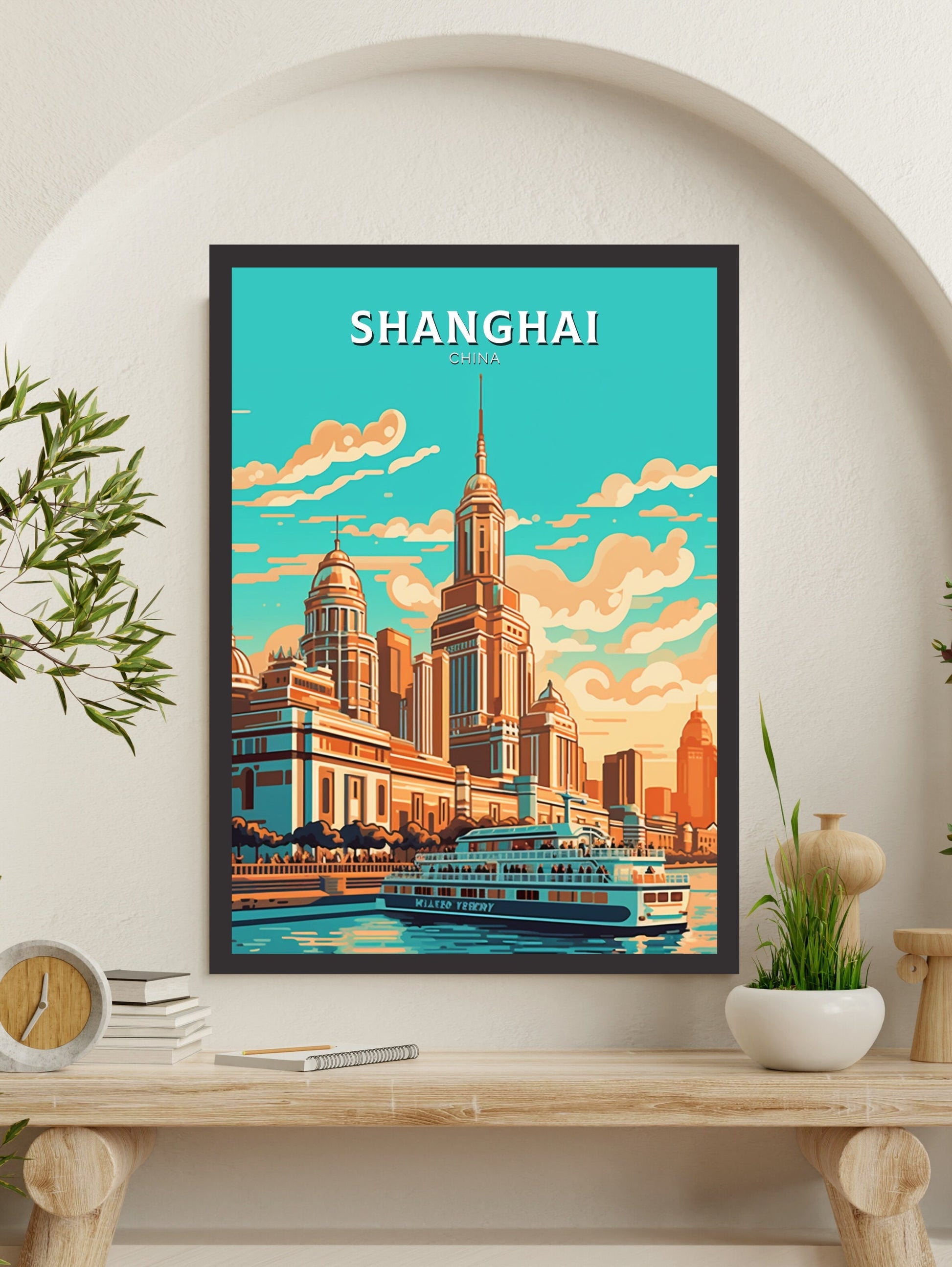 Shanghai Poster | Shanghai Travel Print | Shanghai Illustration | The Bund Print | Shanghai Floating Market Poster | Shanghai Art | ID 477