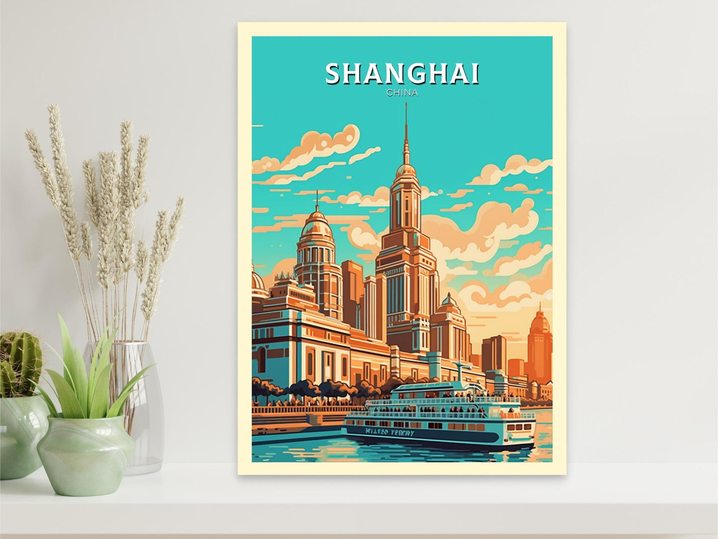 Shanghai Poster | Shanghai Travel Print | Shanghai Illustration | The Bund Print | Shanghai Floating Market Poster | Shanghai Art | ID 477