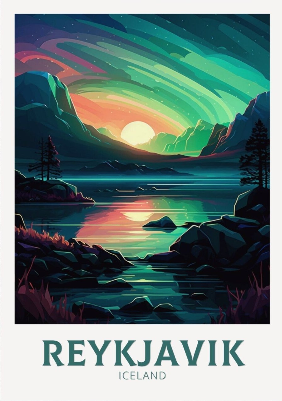 REYKJAVIK TRAVEL POSTER - AURORA BOREALIS ARTWORK