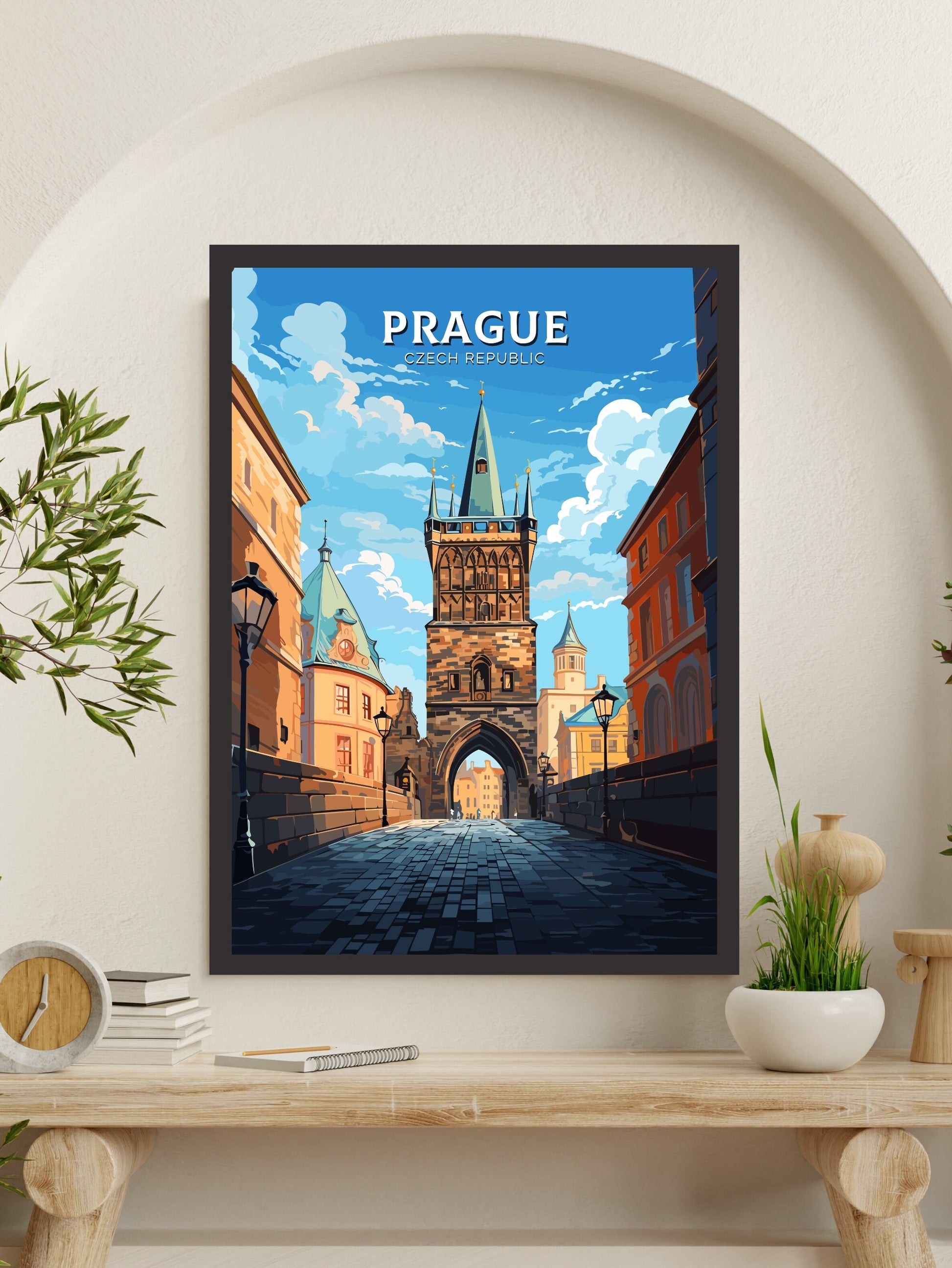 Prague Travel Poster | Prague Print | Prague Illustration | Prague Wall Art | Czechia Print | Prague Home Decor | Powder Tower | ID 652