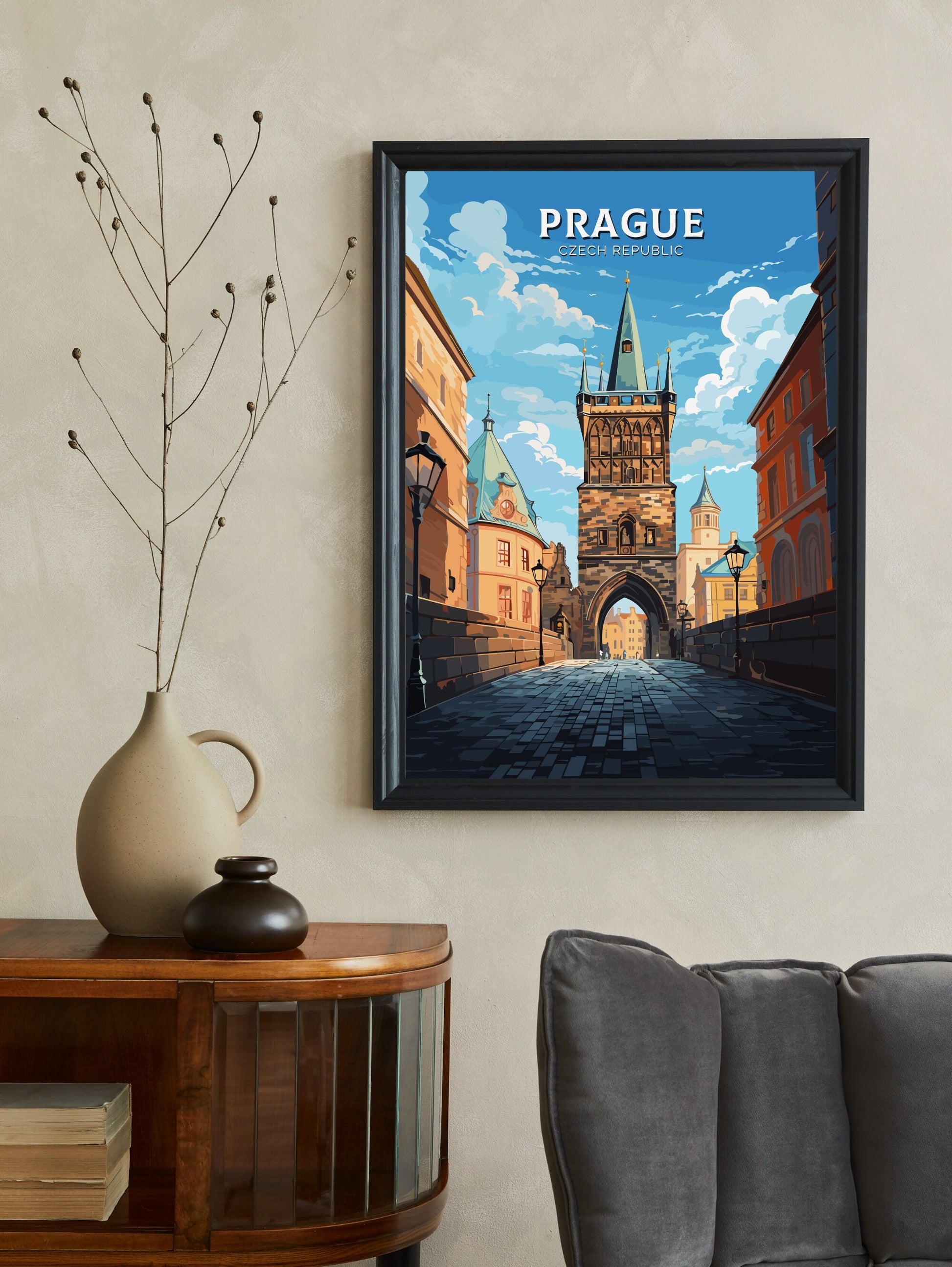 Prague Travel Poster | Prague Print | Prague Illustration | Prague Wall Art | Czechia Print | Prague Home Decor | Powder Tower | ID 652