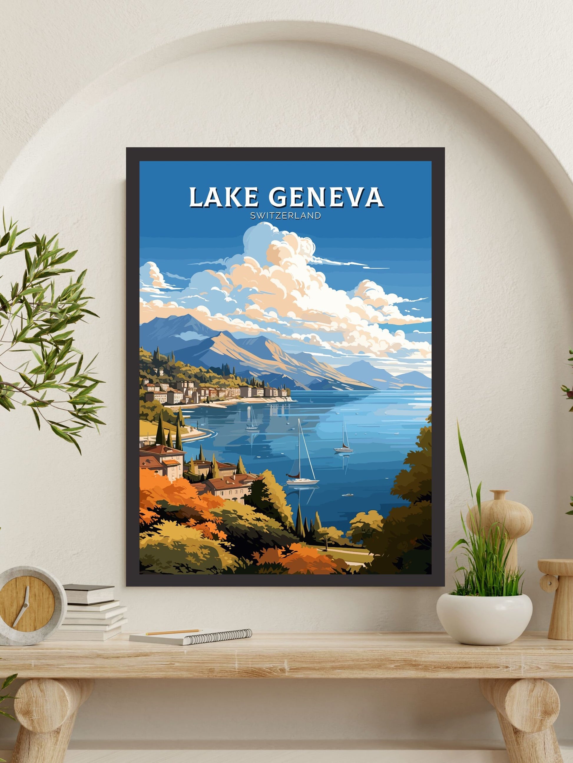 Lake Geneva Travel Poster | Lake Geneva Travel Print | Geneva Illustration | Geneva Wall Art | Switzerland Print | Geneva Artwork | ID 677