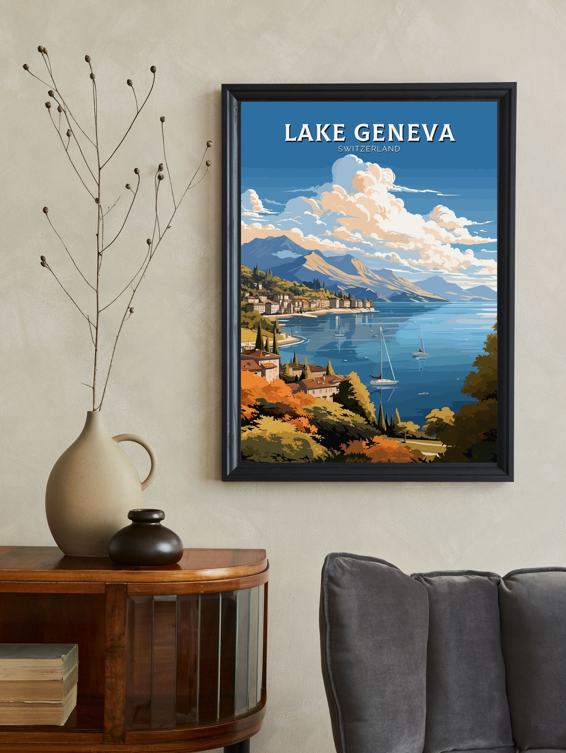 Lake Geneva Travel Poster | Lake Geneva Travel Print | Geneva Illustration | Geneva Wall Art | Switzerland Print | Geneva Artwork | ID 677