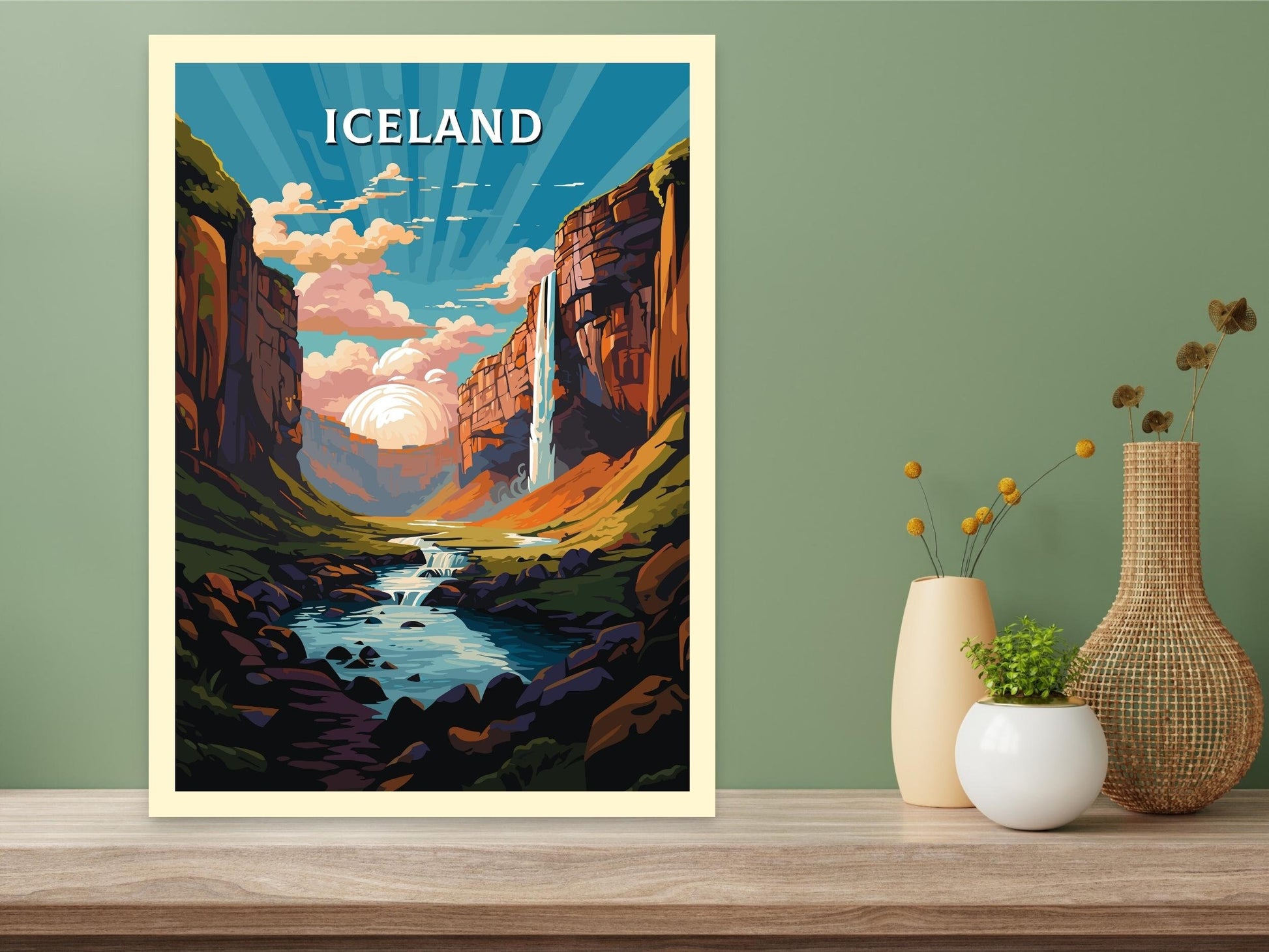 Iceland Poster | Iceland Illustration | Iceland Wall Art | Iceland Travel Print | Iceland Home Décor | Seljalandsfoss Waterfall | ID 731