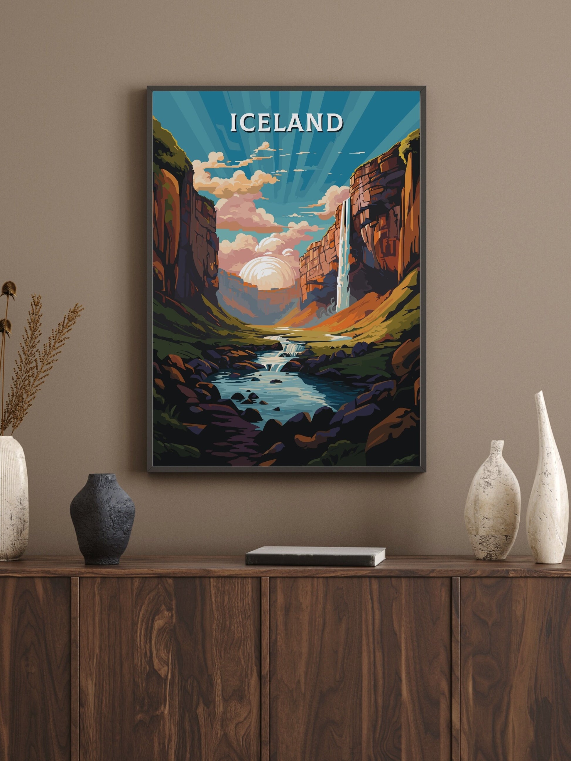 Iceland Poster | Iceland Illustration | Iceland Wall Art | Iceland Travel Print | Iceland Home Décor | Seljalandsfoss Waterfall | ID 731