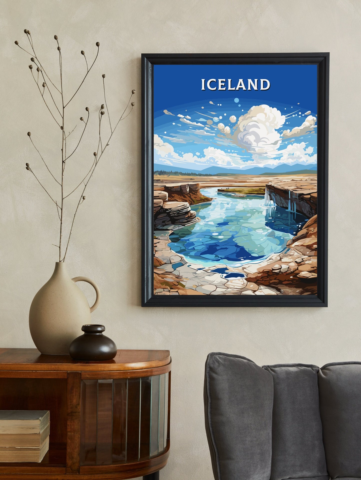 Iceland Print | Iceland Home Décor | Iceland Poster | Iceland Illustration | Iceland Wall Art | Geysir Hot Springs in Bláskógabyggð | ID 732