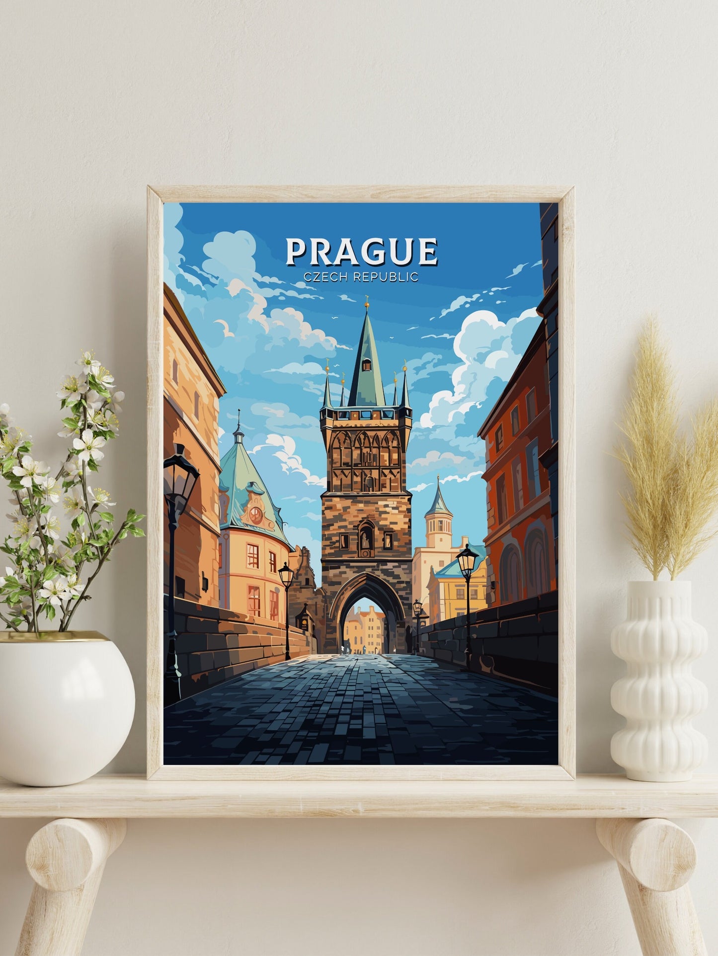 Prague Travel Poster | Prague Print | Prague Illustration | Prague Wall Art | Czechia Print | Prague Home Decor | Powder Tower | ID 652